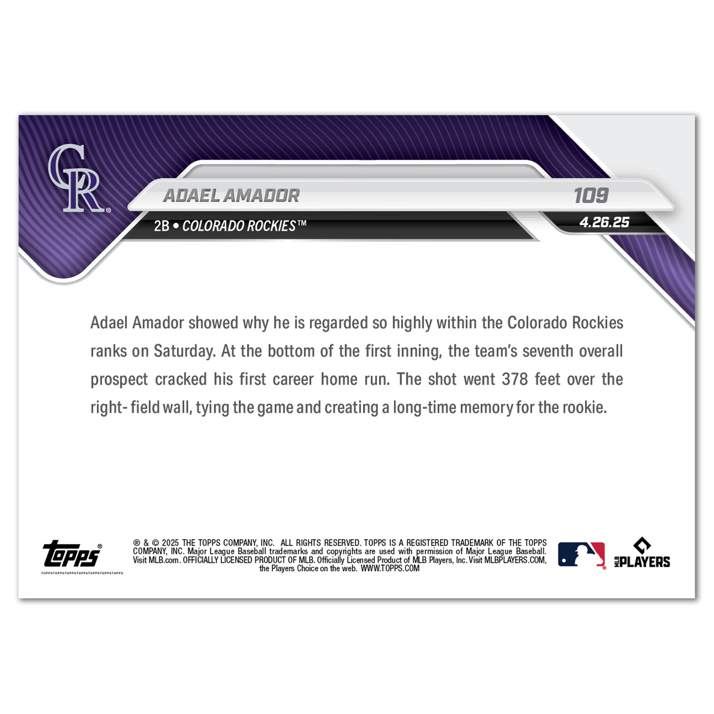 Adael Amador - 2025 MLB Topps NOW® - Card 109