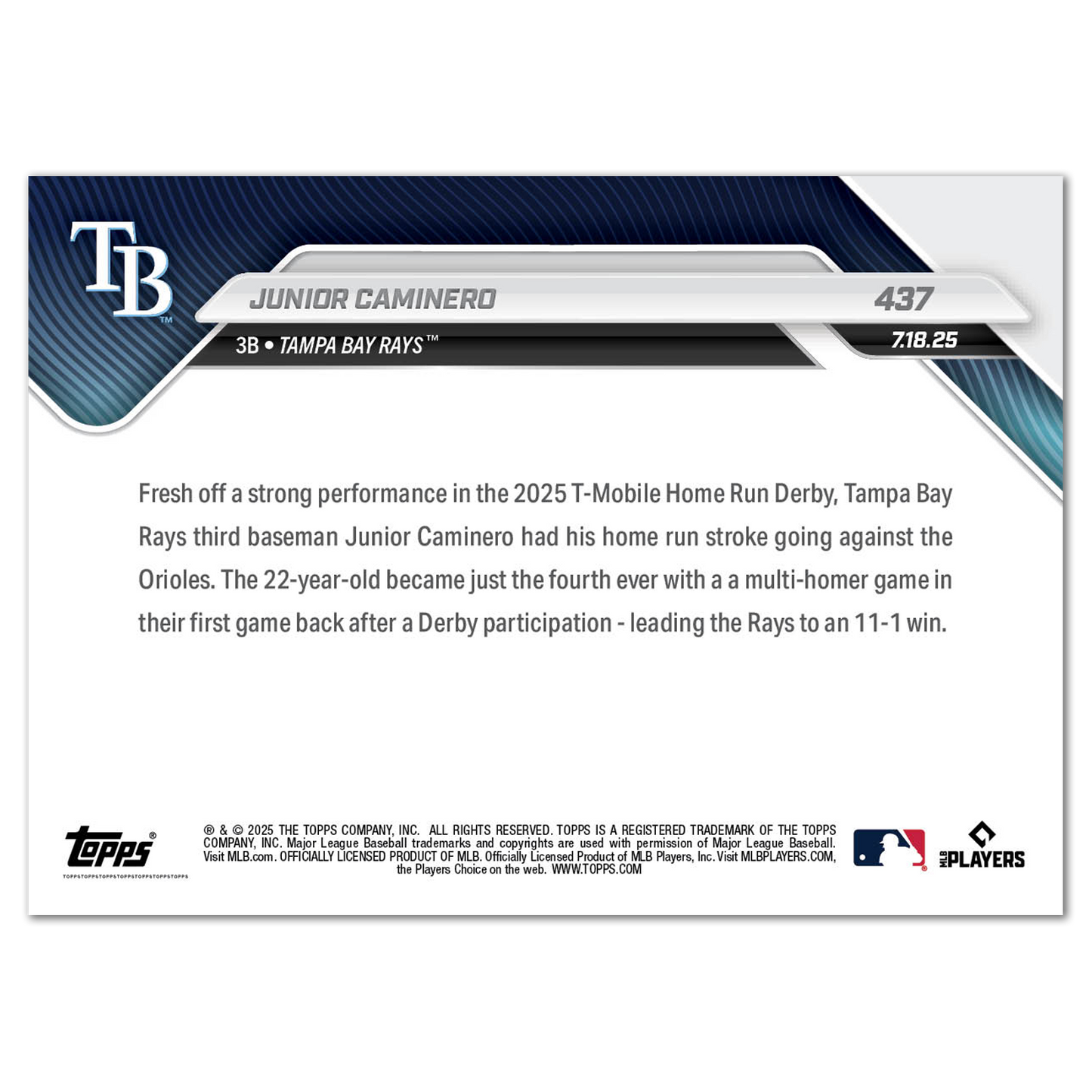 Junior Caminero - 2025 MLB Topps NOW® - Card 437