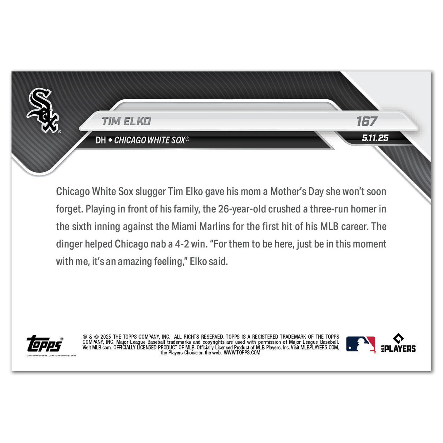 Tim Elko - 2025 MLB Topps NOW® - Card 167