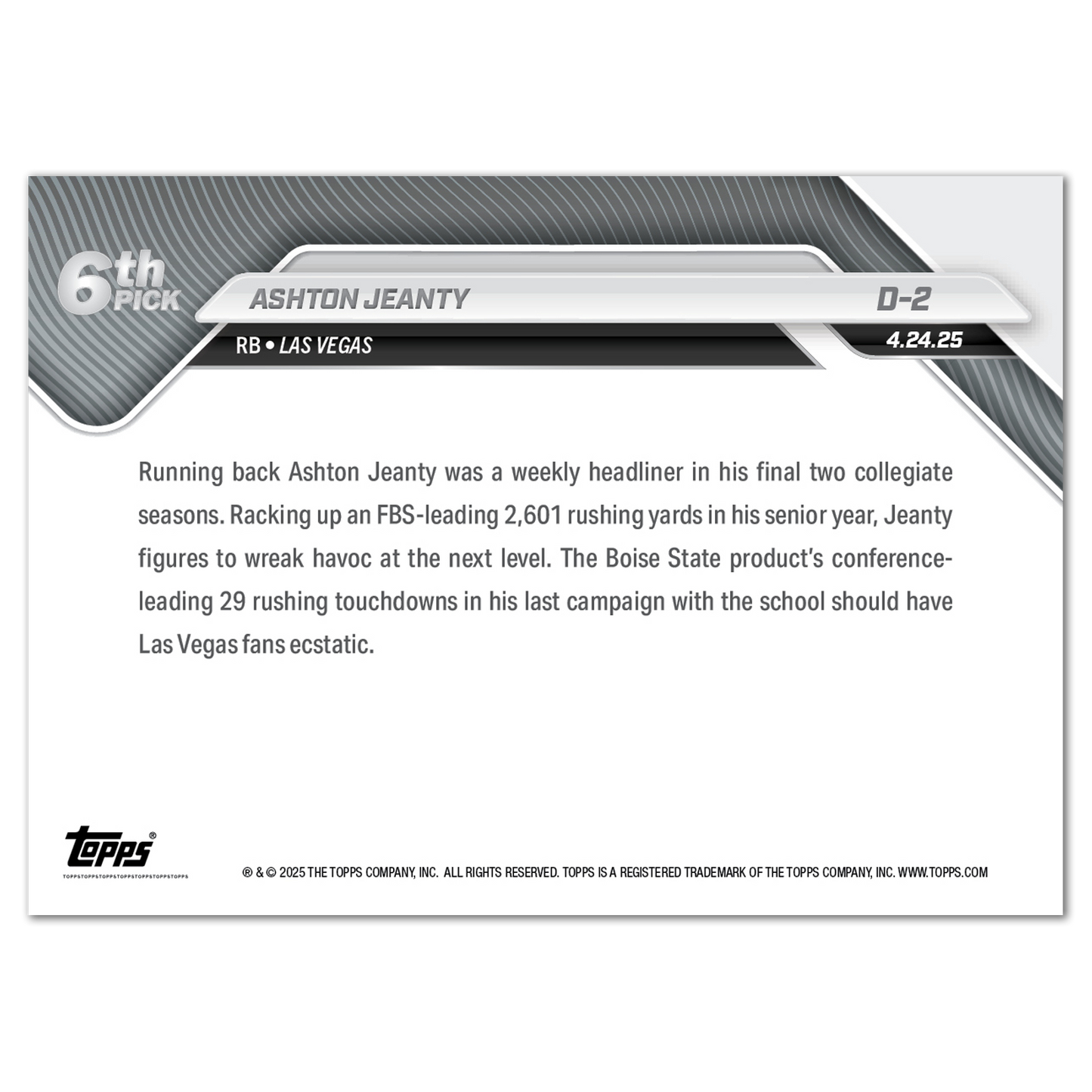 Ashton Jeanty - 2025 Topps NOW® Football - Card D-2 - LOOK FOR AUTOS