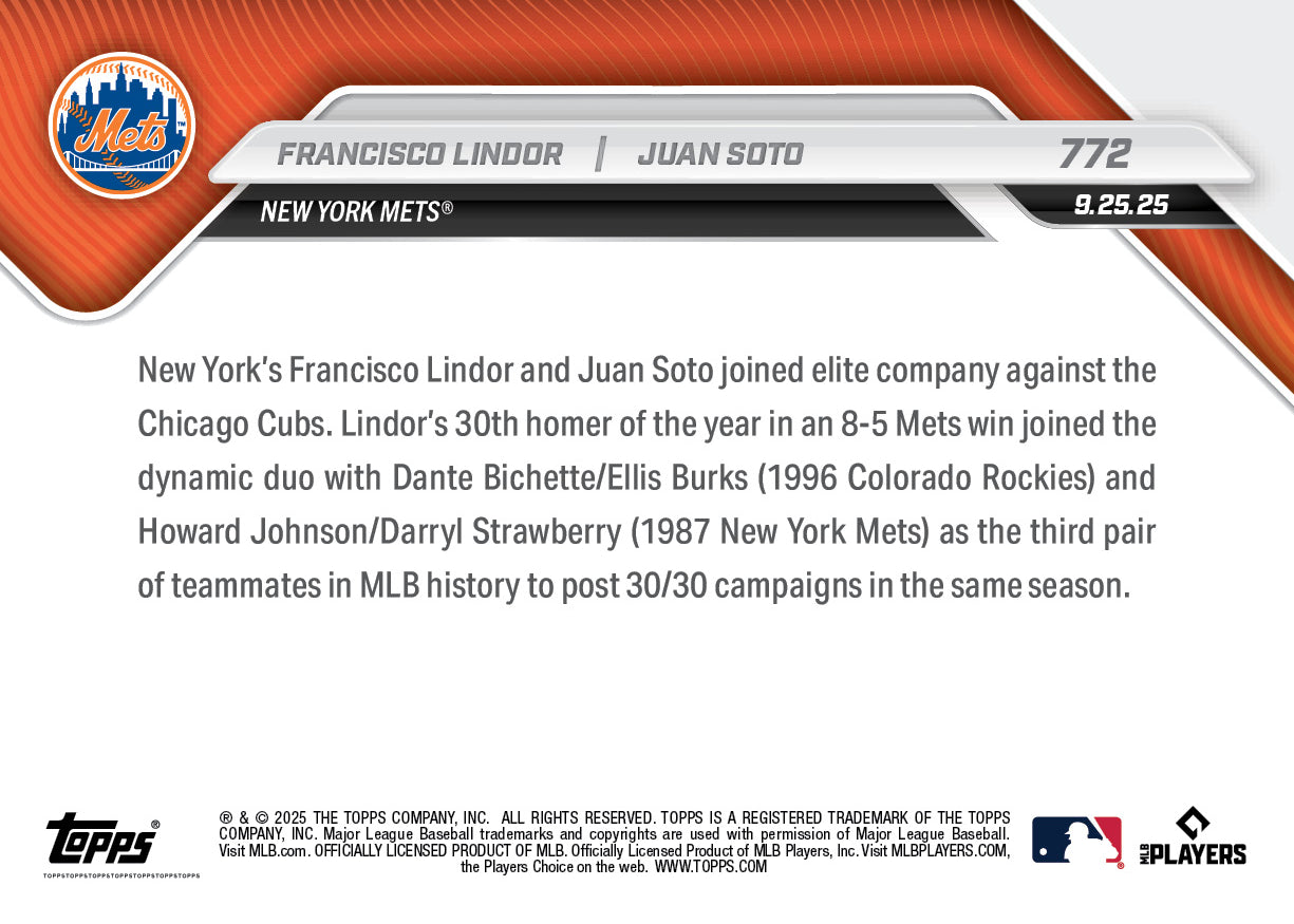 Francisco Lindor / Juan Soto - 2025 MLB Topps NOW® - Card 772