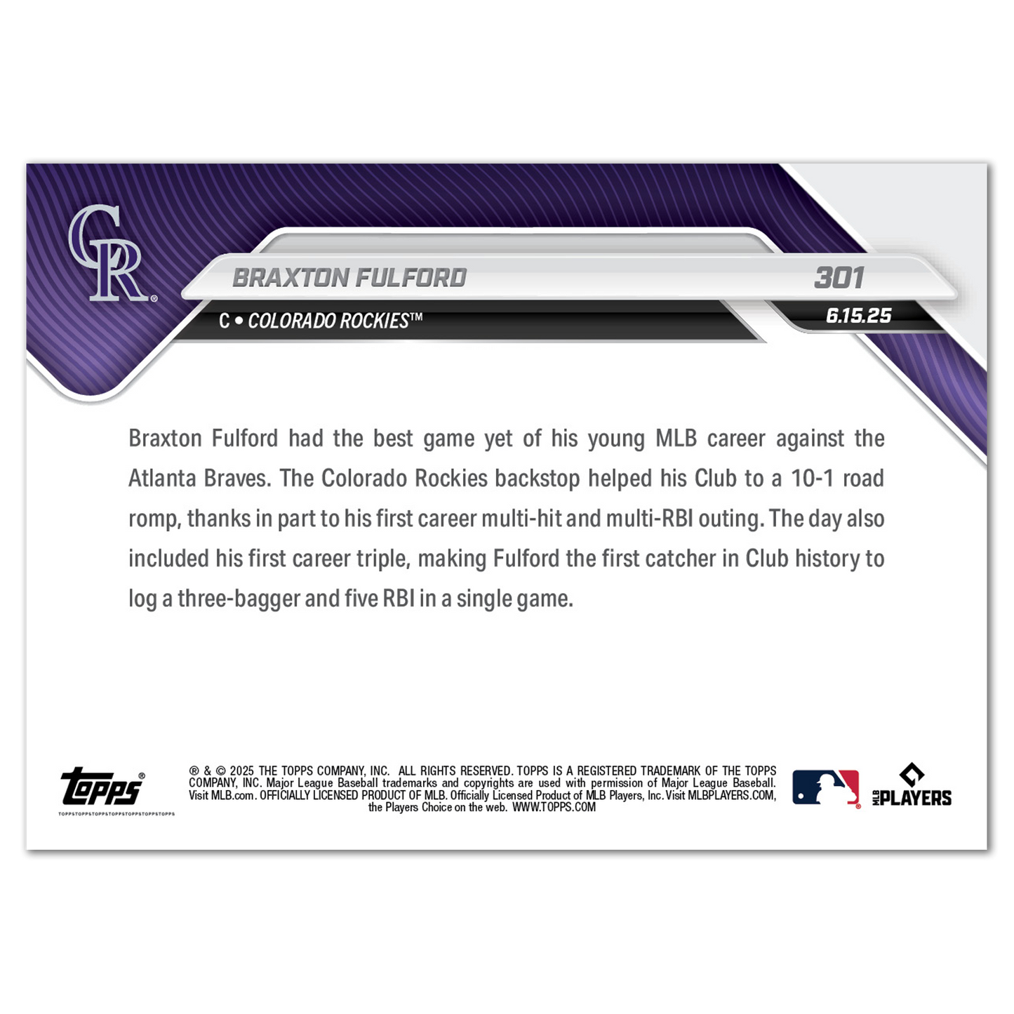 Braxton Fulford - 2025 MLB Topps NOW® - Card 301
