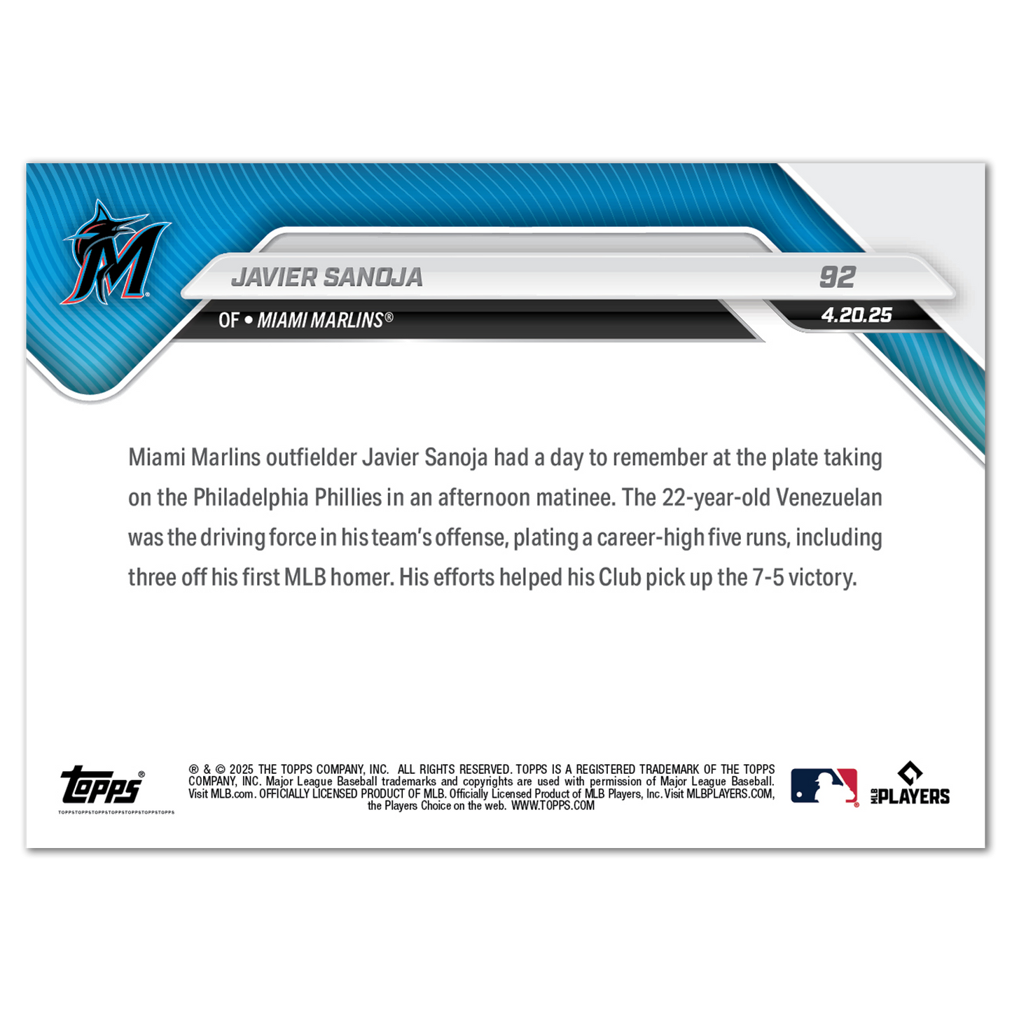 Javier Sanoja - 2025 MLB Topps NOW® - Card 92