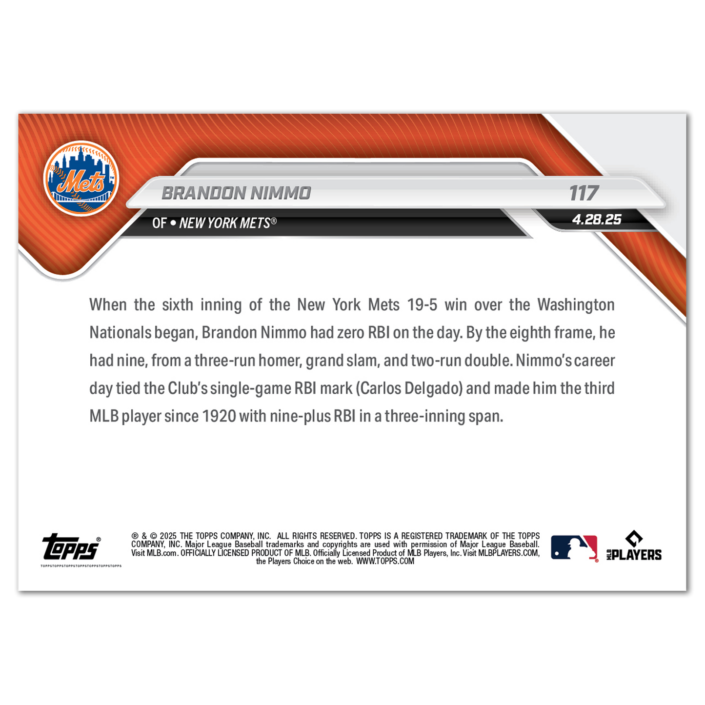 Brandon Nimmo - 2025 MLB Topps NOW® - Card 117 - LOOK FOR AUTOS