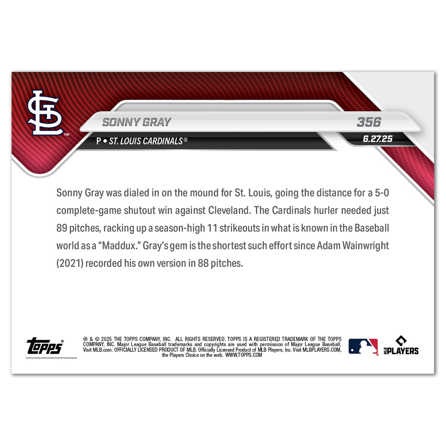 Sonny Gray - 2025 MLB Topps NOW® - Card 356