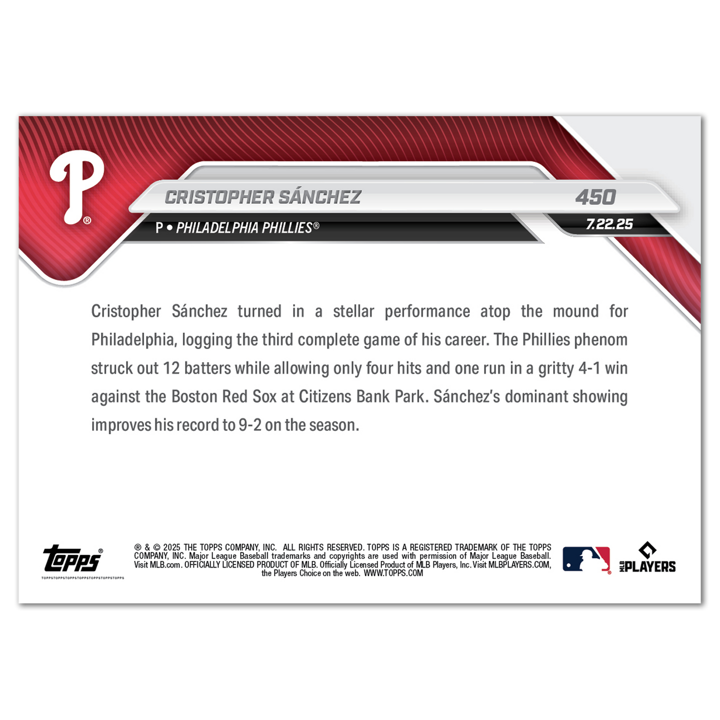 Cristopher Sánchez - 2025 MLB Topps NOW® - Card 450