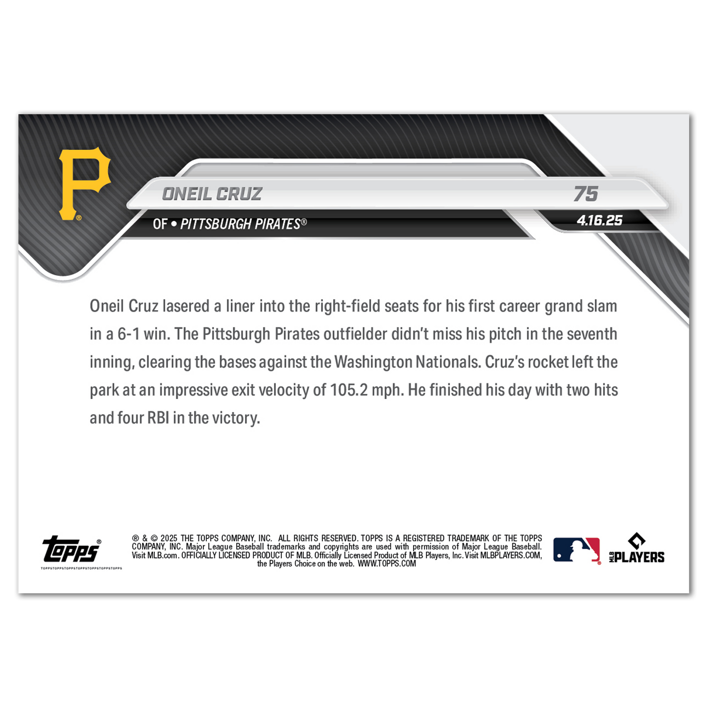 Oneil Cruz - 2025 MLB Topps NOW® - Card 75