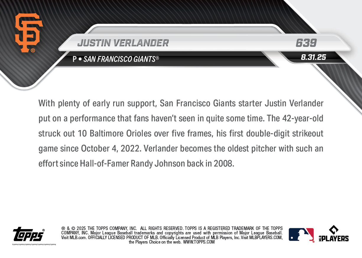 Justin Verlander - 2025 MLB Topps NOW® - Card 639