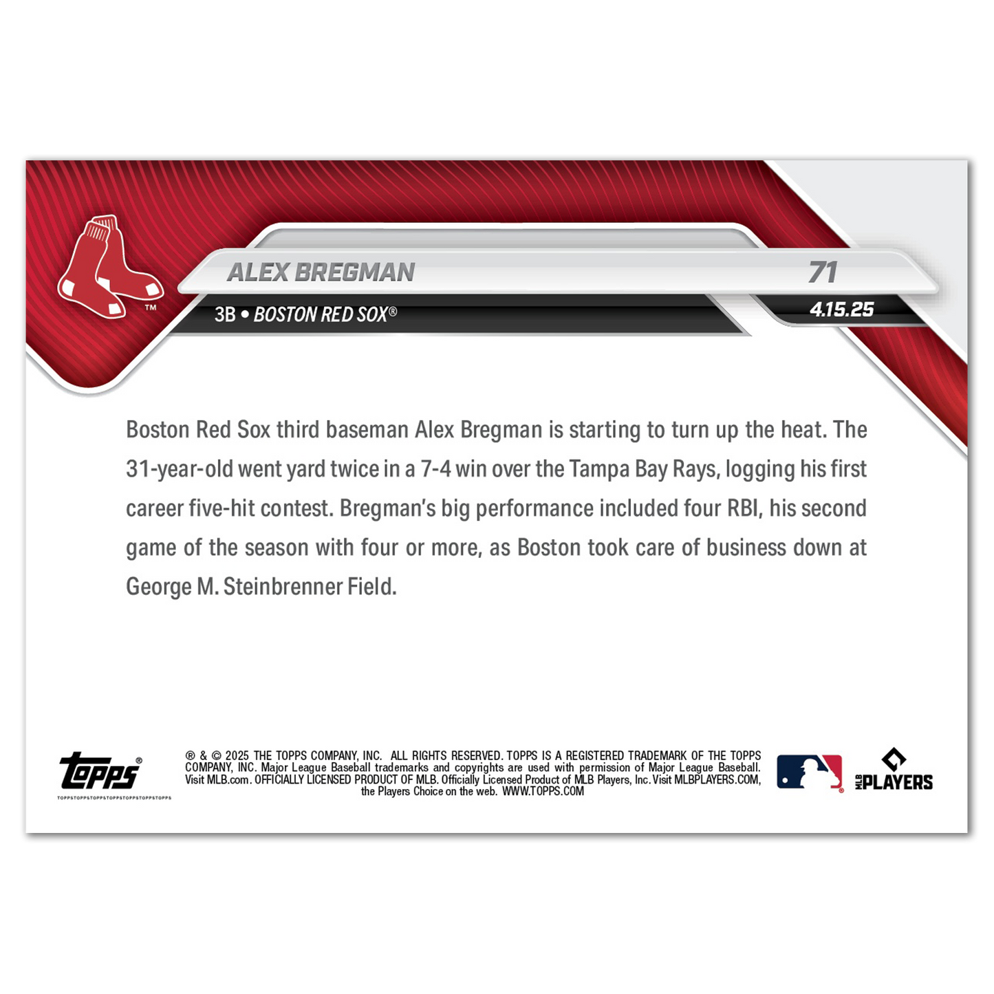 Alex Bregman - 2025 MLB Topps NOW® - Card 71