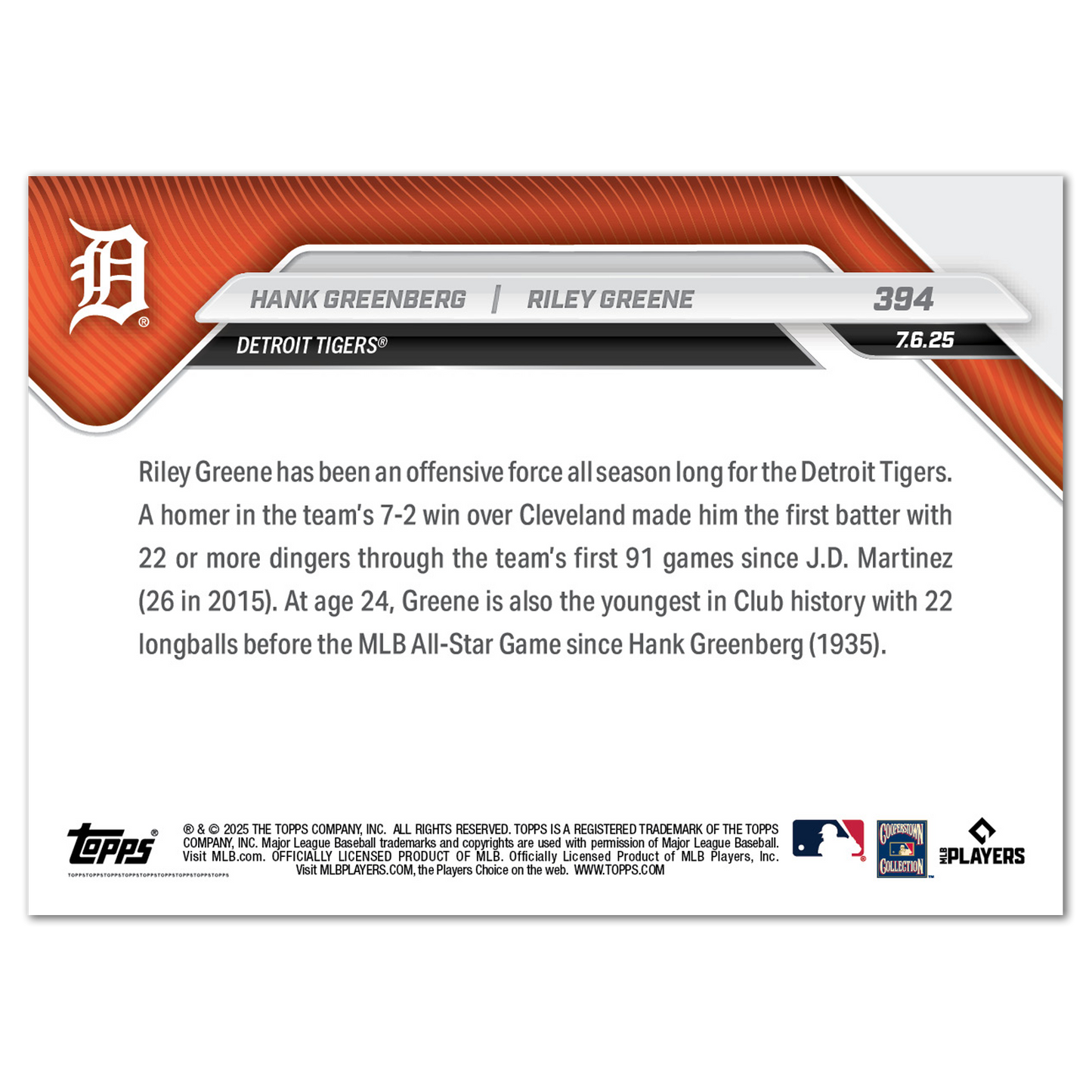 Hank Greenberg / Riley Greene - 2025 MLB Topps NOW® - Card 394