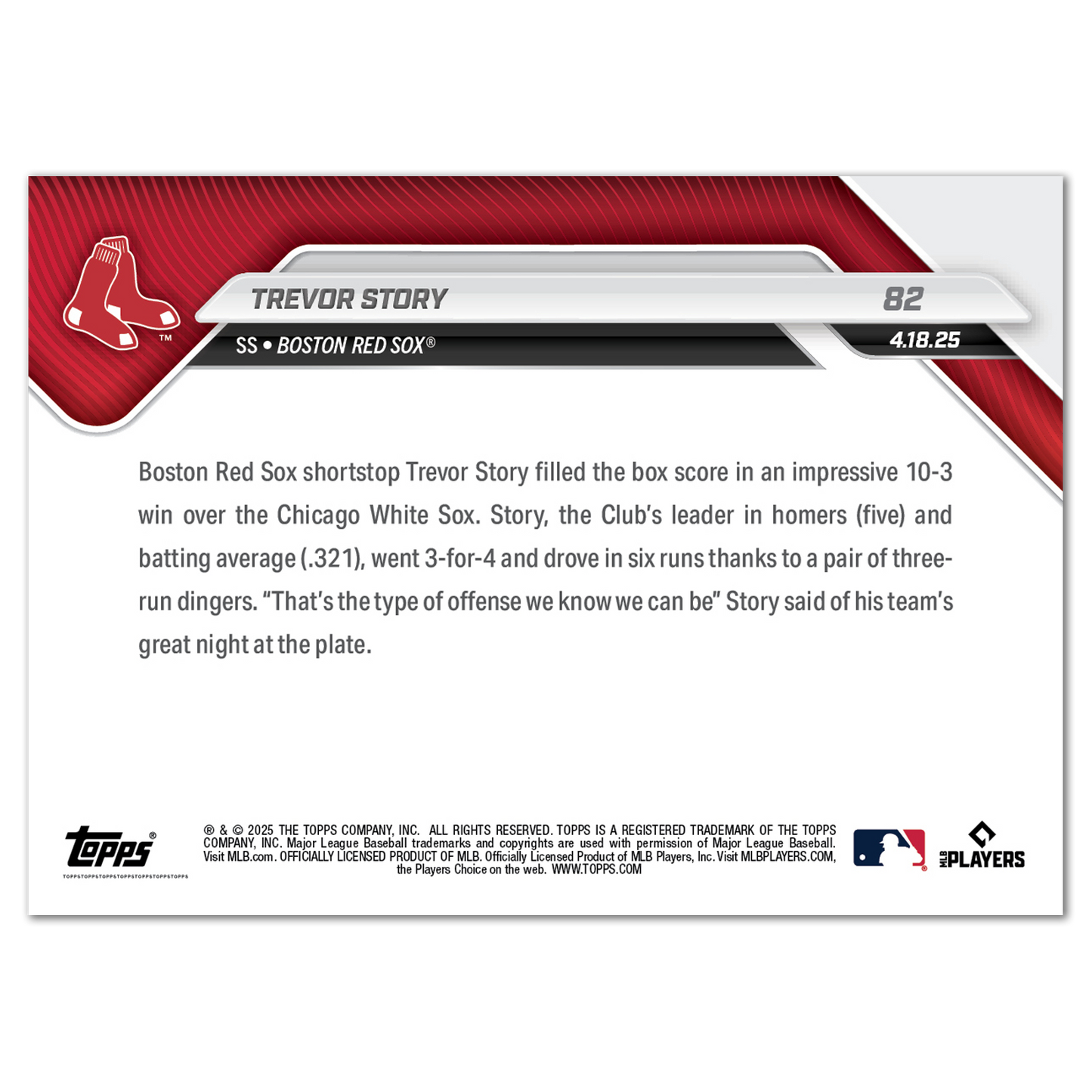 Trevor Story - 2025 MLB Topps NOW® - Card 82