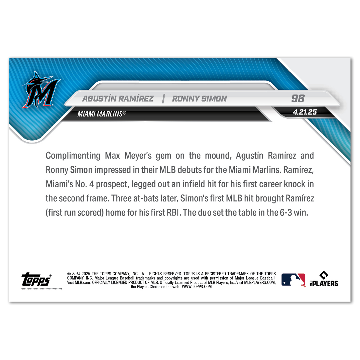 Agustín Ramírez/Ronny Simon - 2025 MLB Topps NOW® - Card 96