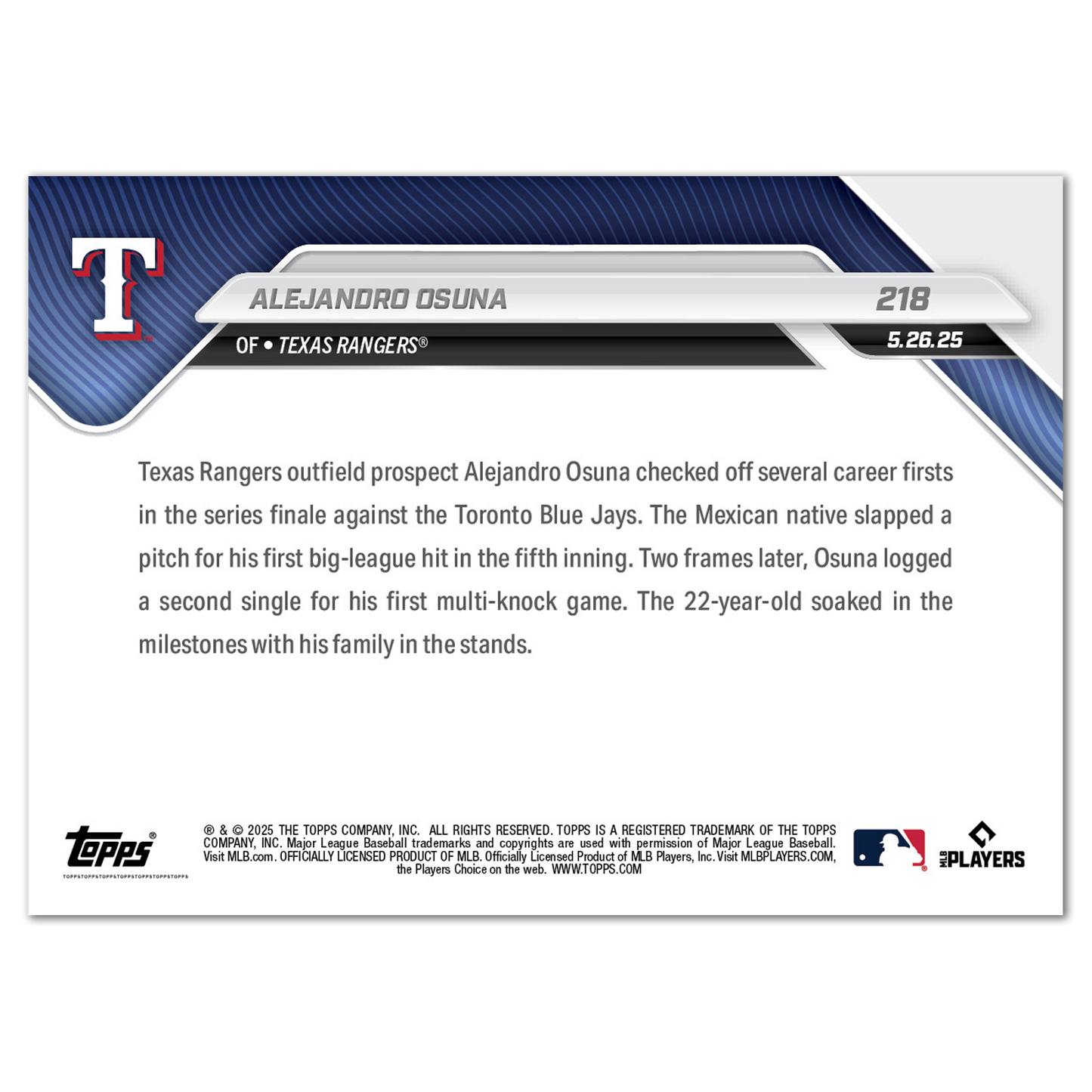 Alejandro Osuna - 2025 MLB Topps NOW® - Card 218