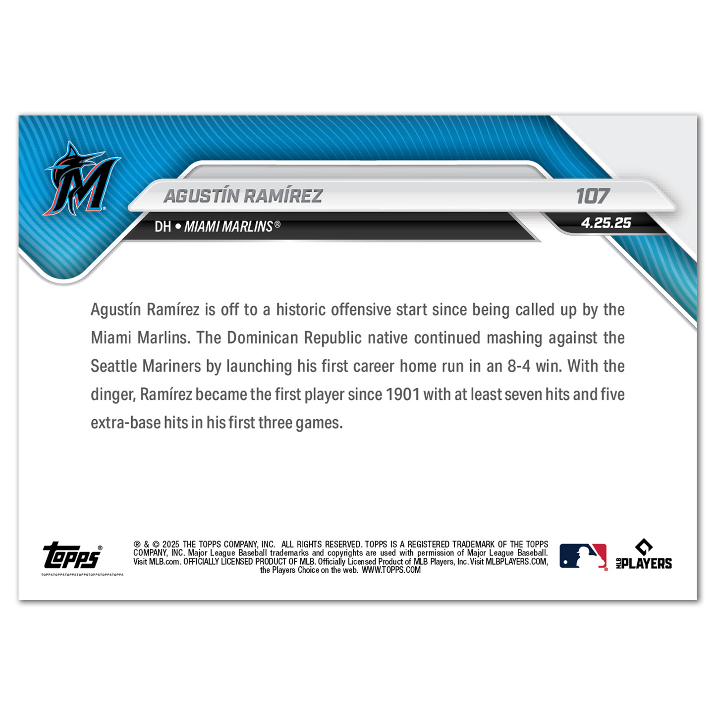 Agustín Ramírez - 2025 MLB Topps NOW® - Card 107