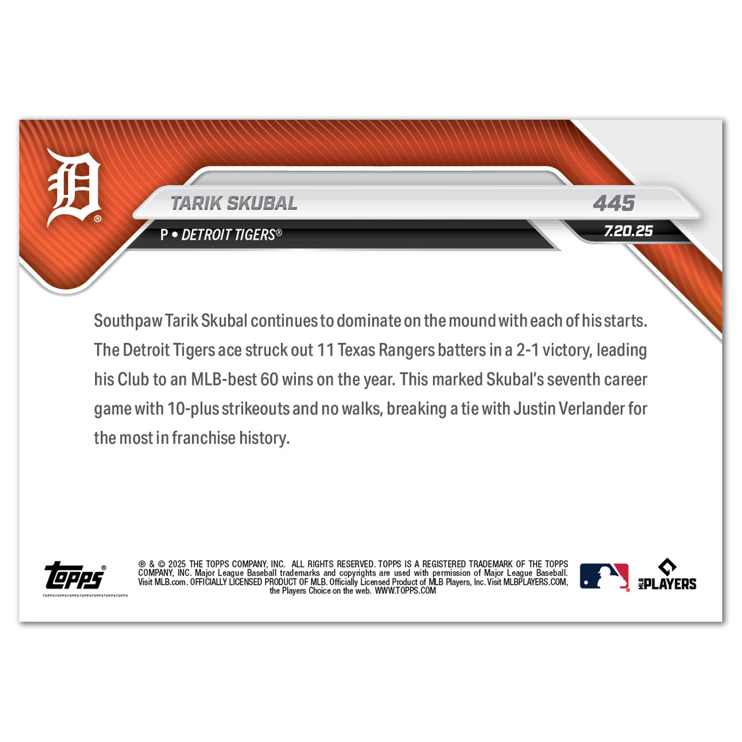 Tarik Skubal - 2025 MLB Topps NOW® - Card 445