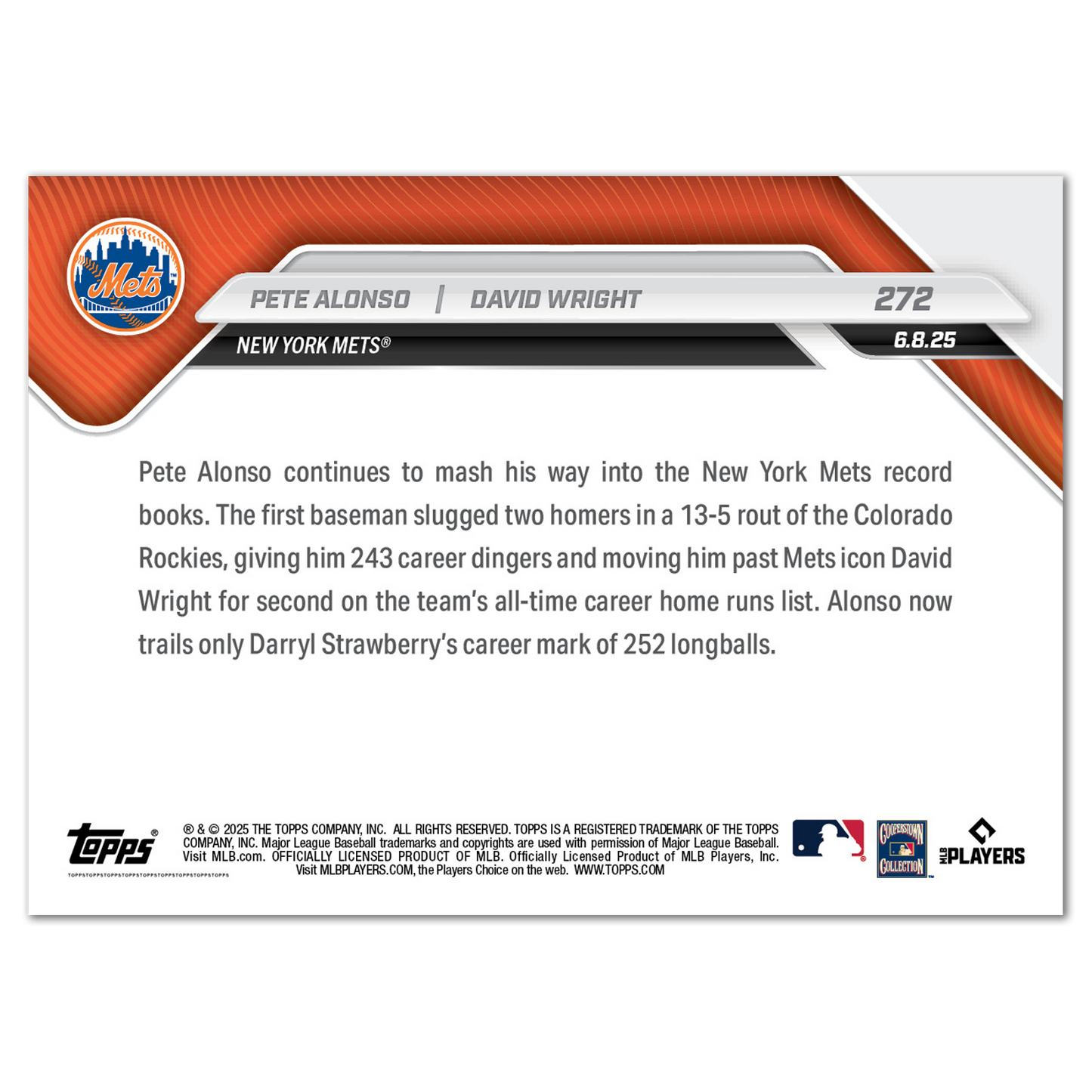 Pete Alonso / David Wright - 2025 MLB Topps NOW® - Card 272