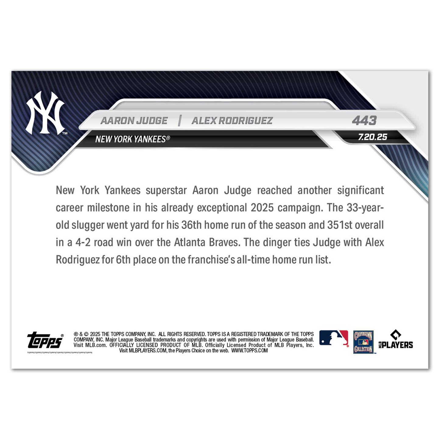 Aaron Judge / Alex Rodriguez - 2025 MLB Topps NOW® - Card 443