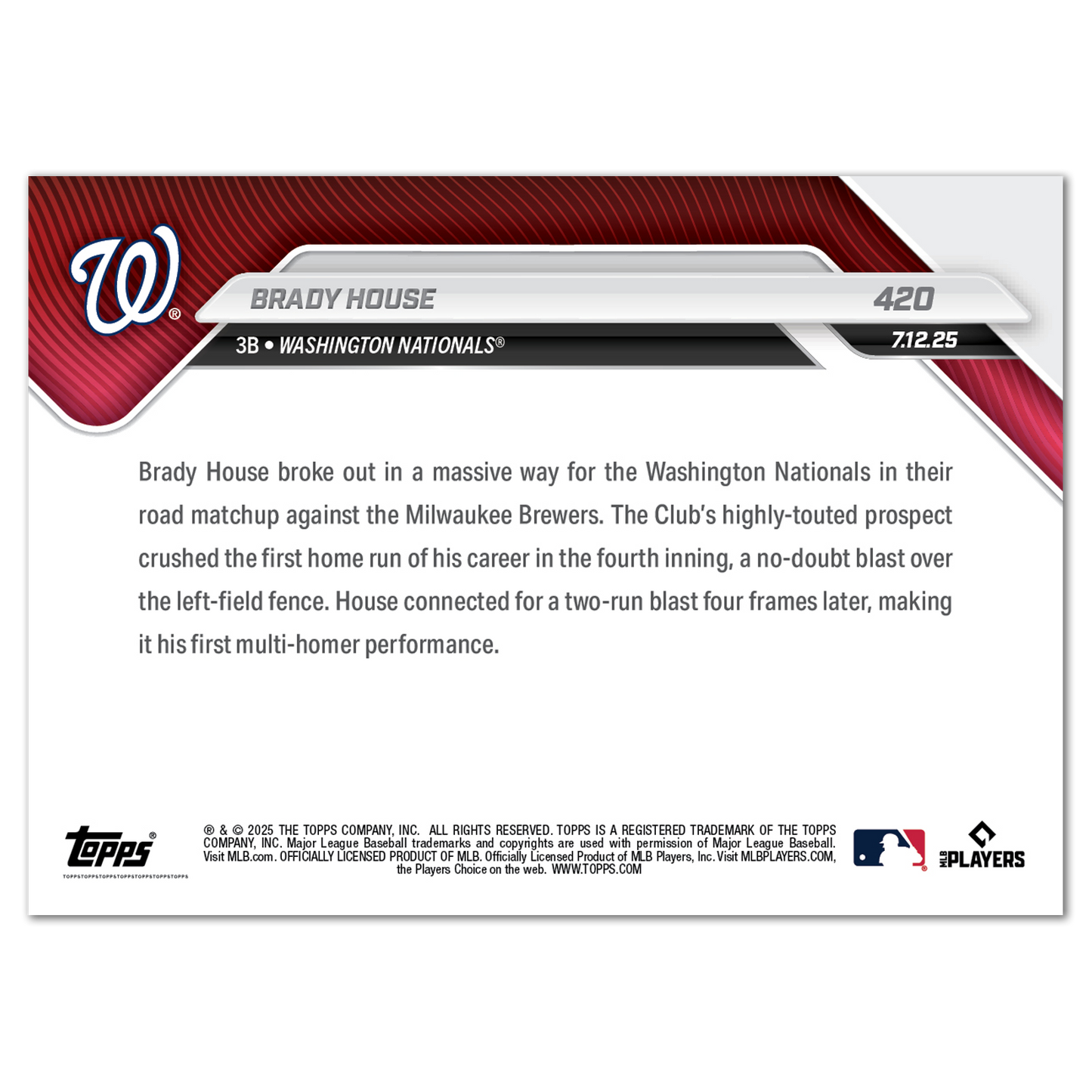 Brady House - 2025 MLB Topps NOW® - Card 420