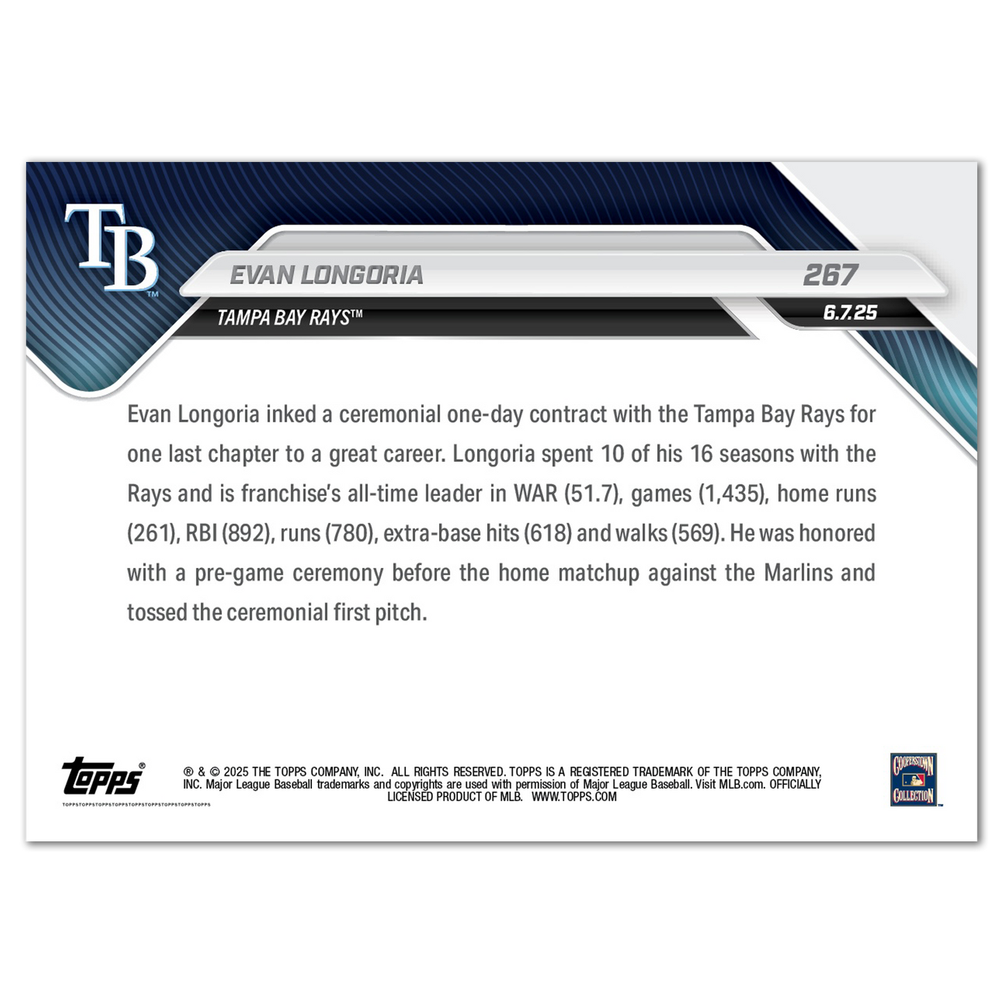 Evan Longoria - 2025 MLB Topps NOW® - Card 267