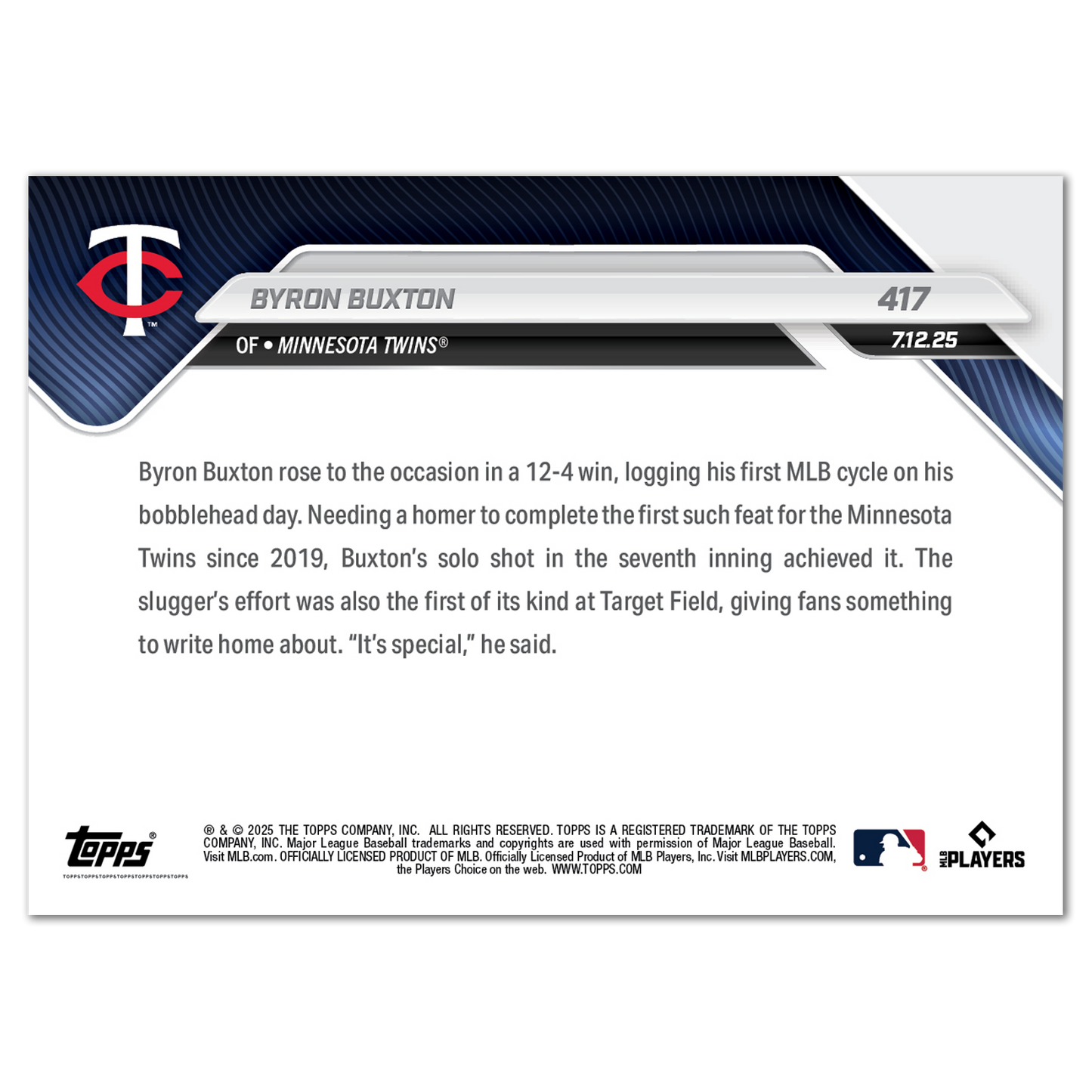 Byron Buxton - 2025 MLB Topps NOW® - Card 417 - LOOK FOR AUTOS