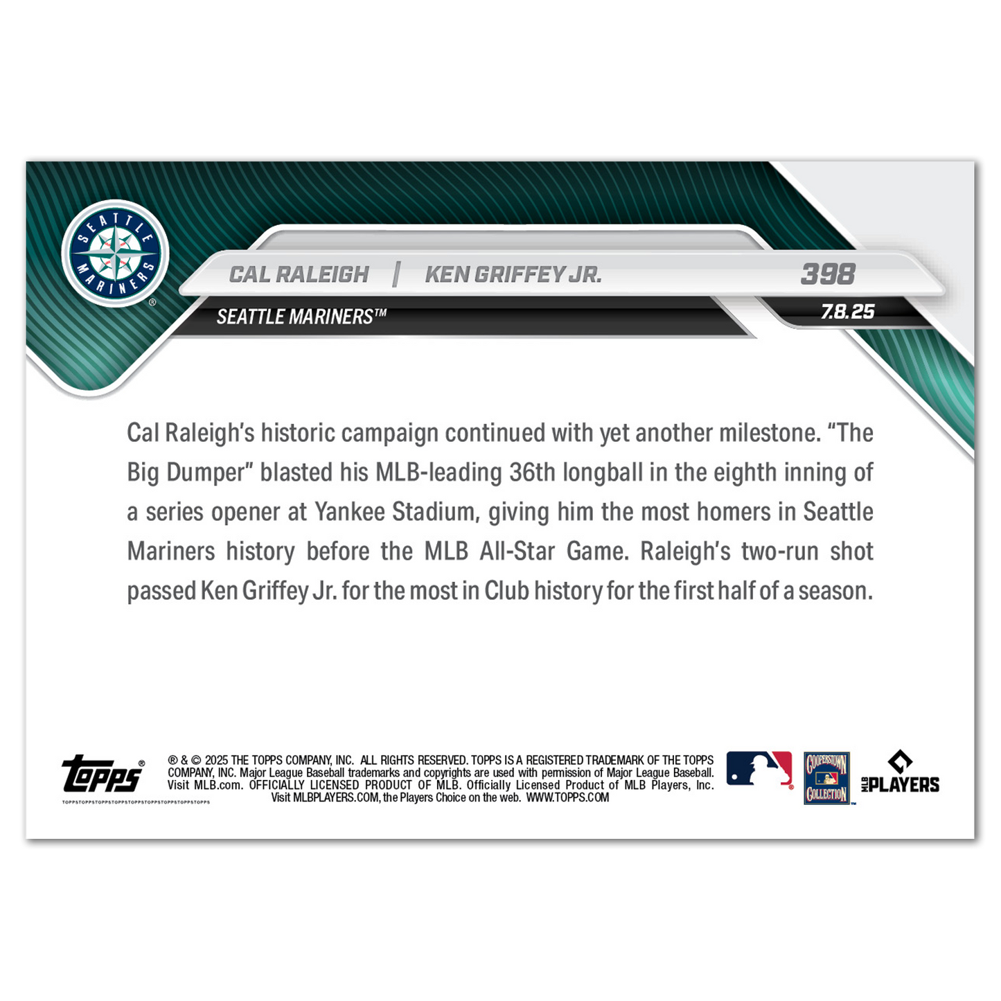 Cal Raleigh / Ken Griffey Jr. - 2025 MLB Topps NOW® - Card 398