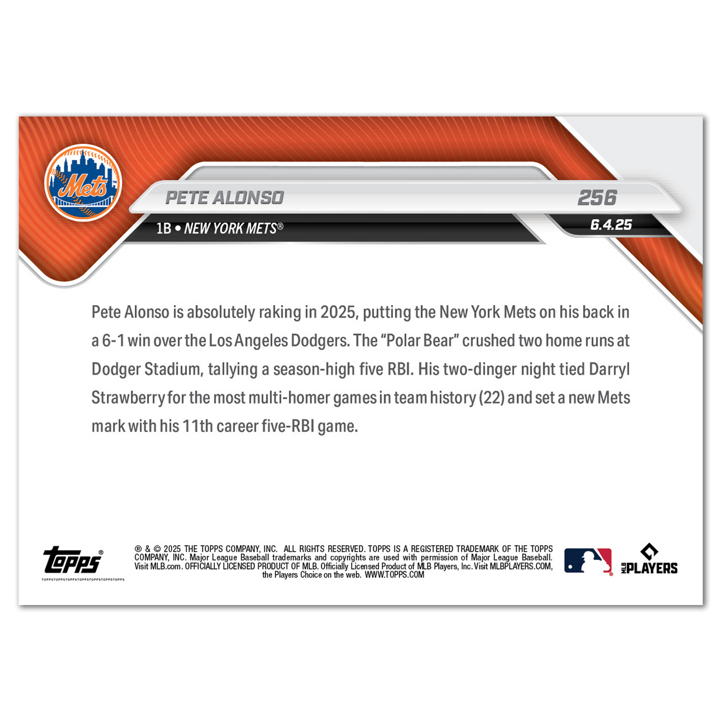 Pete Alonso - 2025 MLB Topps NOW® - Card 256
