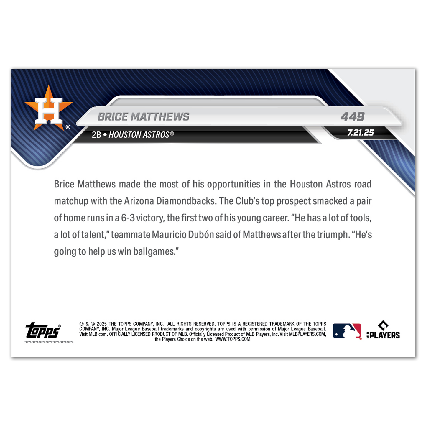 Brice Matthews - 2025 MLB Topps NOW® - Card 449