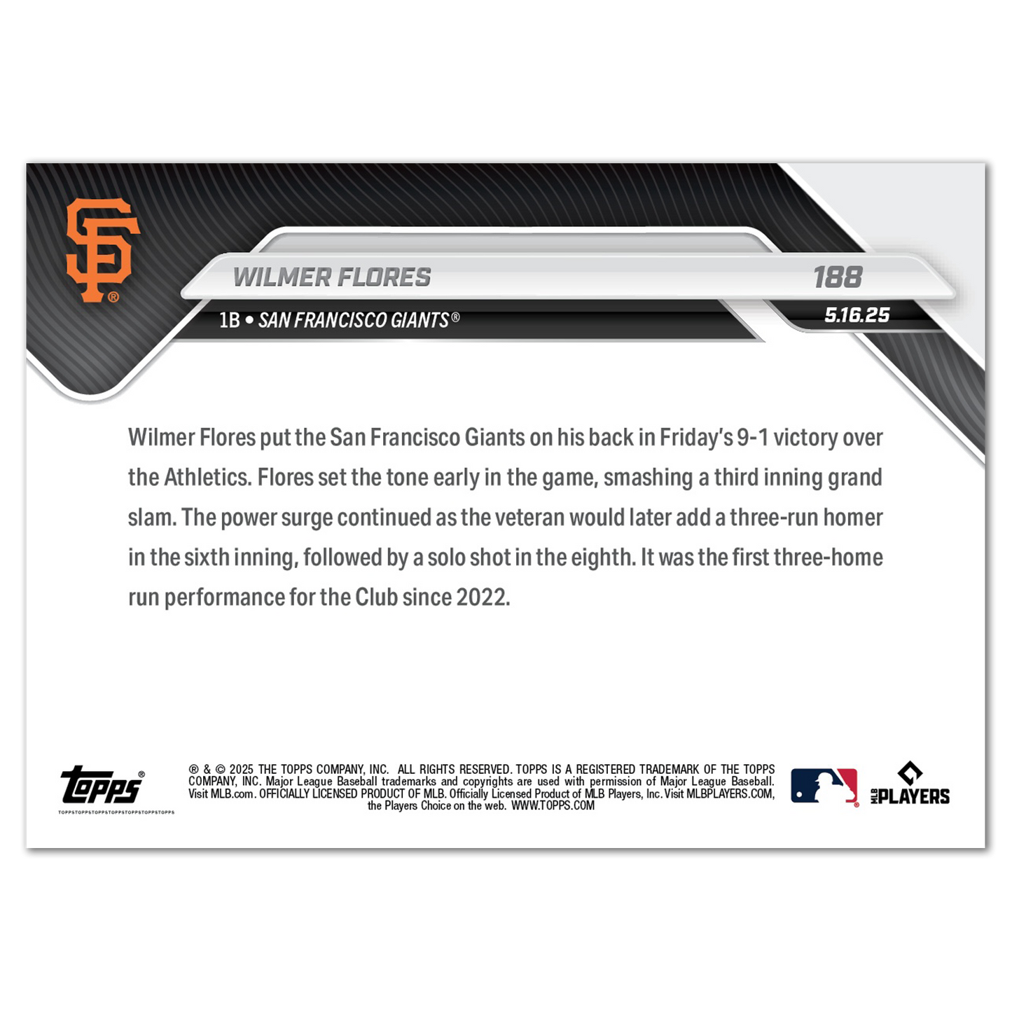 Wilmer Flores - 2025 MLB Topps NOW® - Card 188