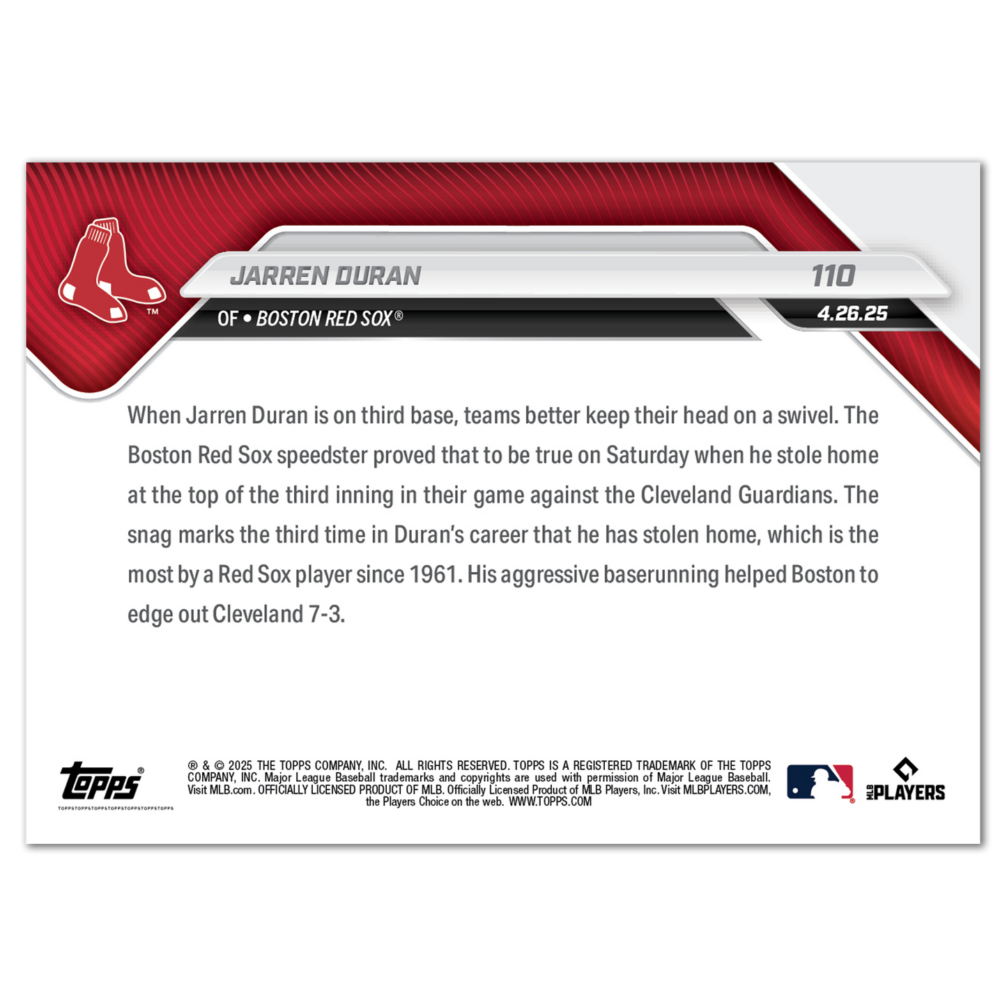 Jarren Duran - 2025 MLB Topps NOW® - Card 110