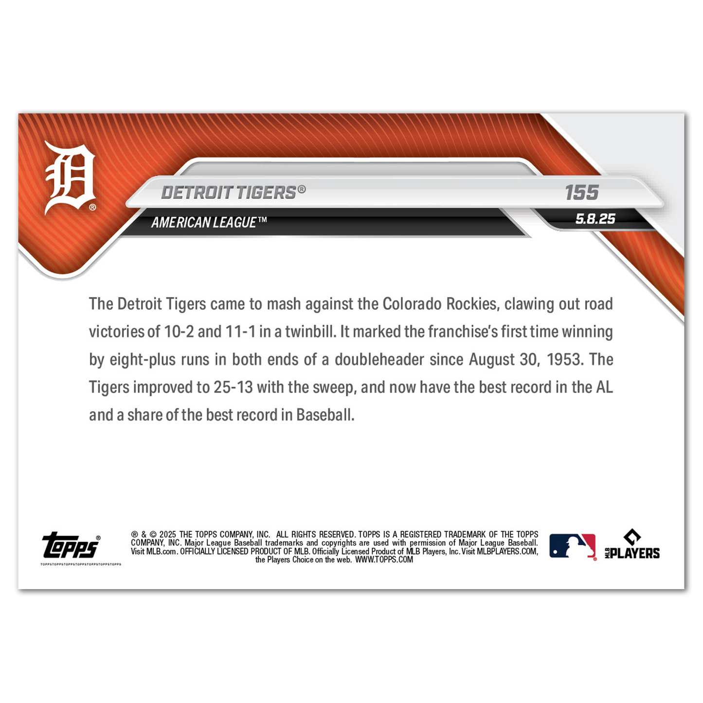 Detroit Tigers - 2025 MLB Topps NOW® - Card 155