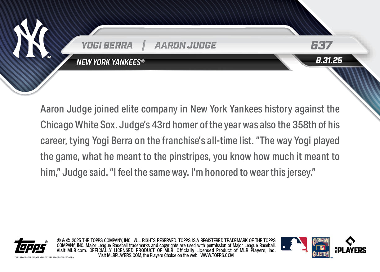 Yogi Berra / Aaron Judge - 2025 MLB Topps NOW® - Card 637