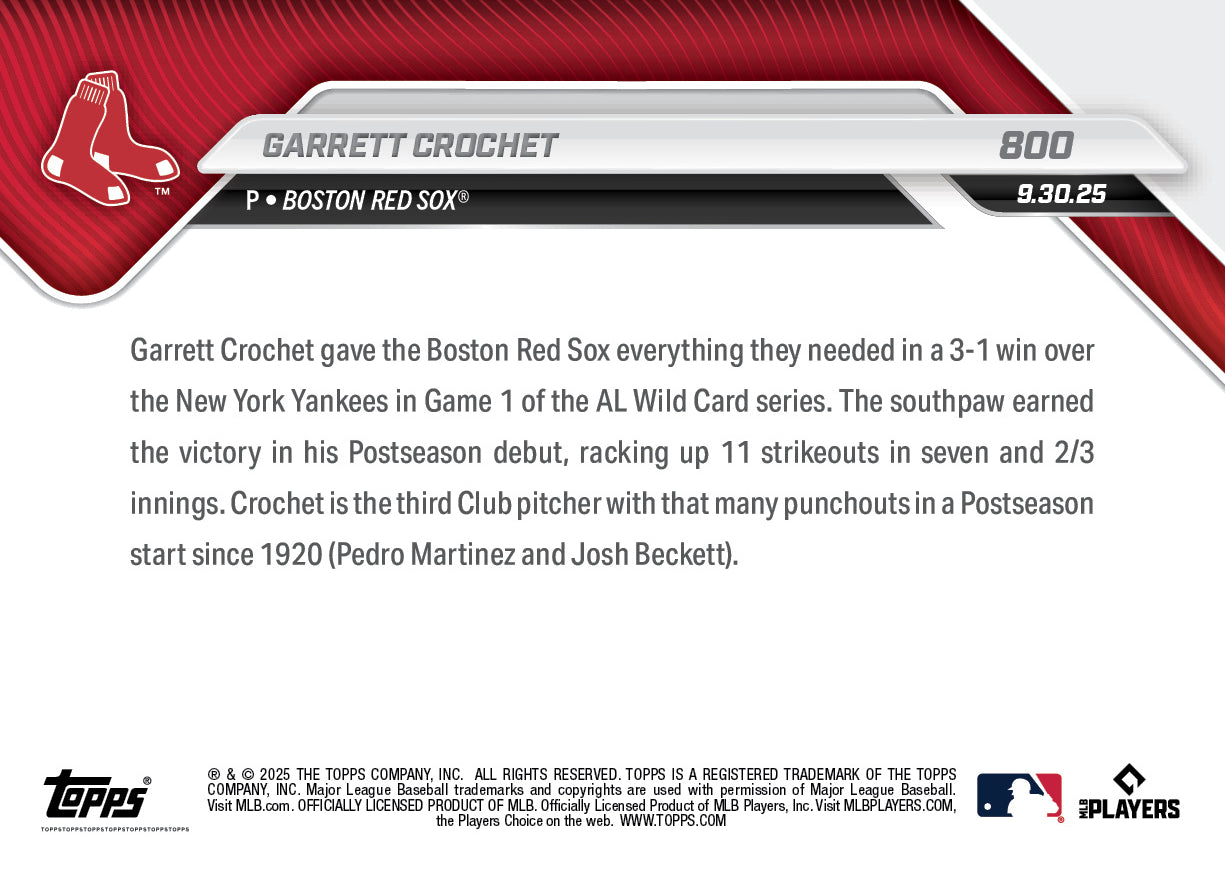 Garrett Crochet - 2025 MLB Topps NOW® - Card 800