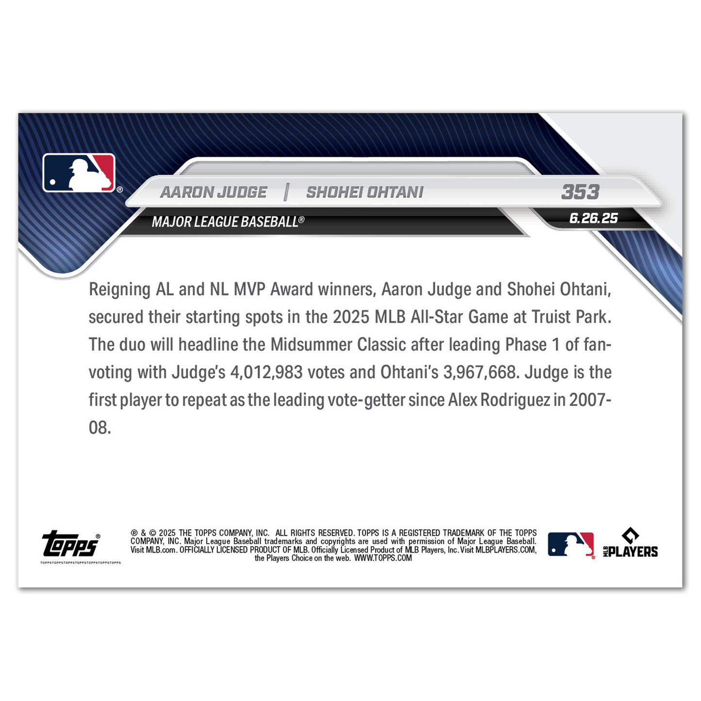 Aaron Judge / Shohei Ohtani - 2025 MLB Topps NOW® - Card 353