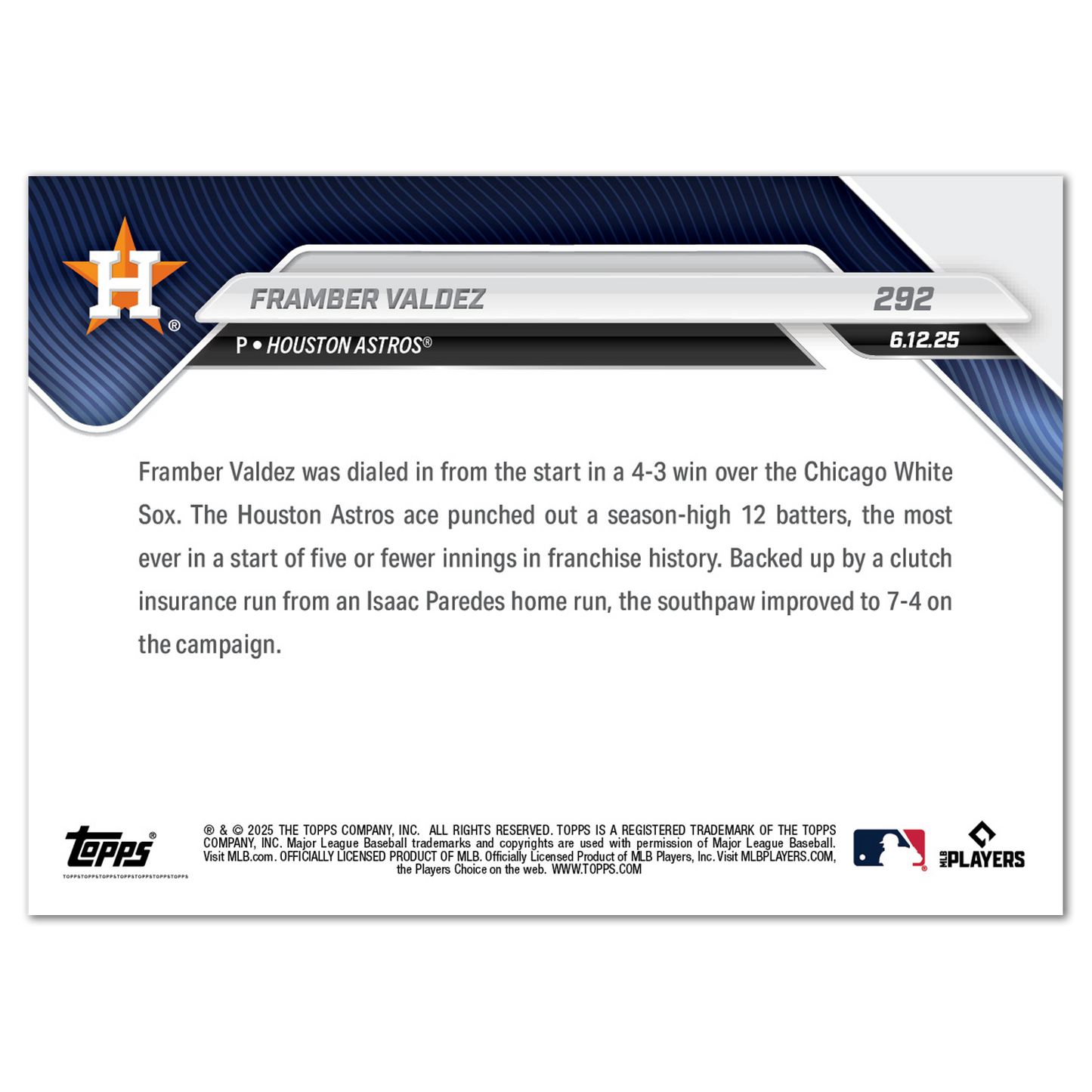 Framber Valdez - 2025 MLB Topps NOW® - Card 292