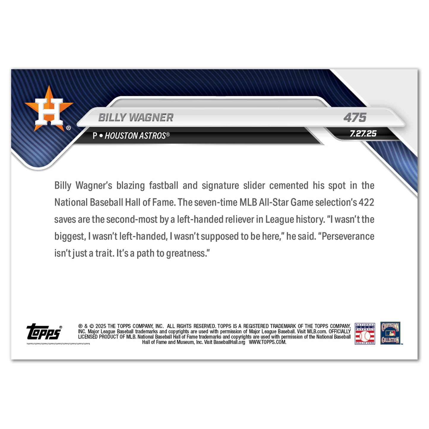 Billy Wagner - 2025 MLB Topps NOW® - Card 475 - LOOK FOR AUTOS