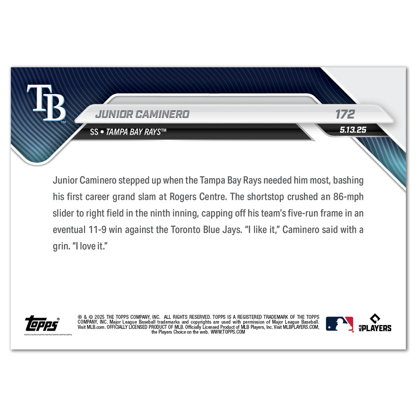 Junior Caminero - 2025 MLB Topps NOW® - Card 172