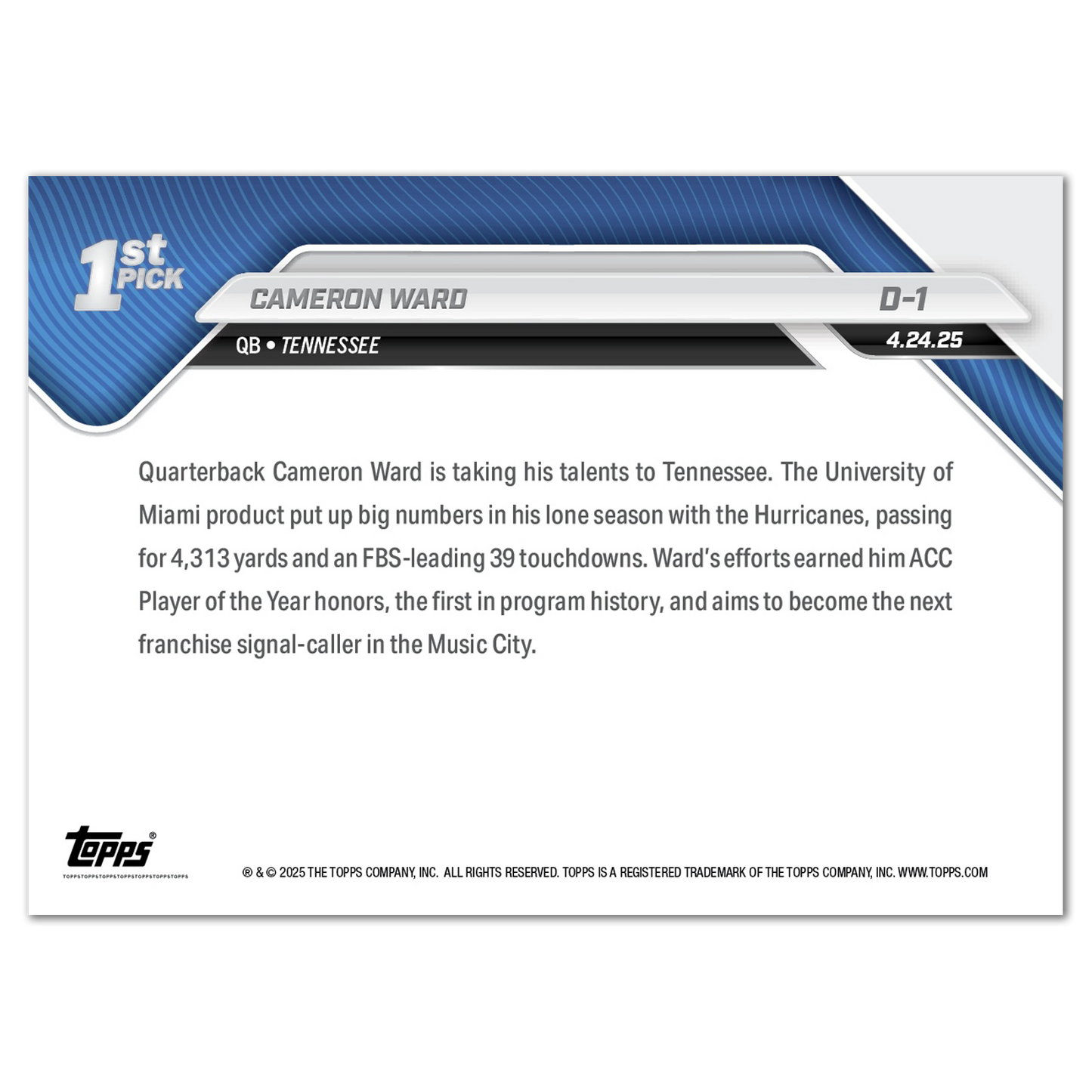 Cameron Ward - 2025 Topps NOW® Football - Card D-1 - LOOK FOR AUTOS AND TRIPLE AUTO