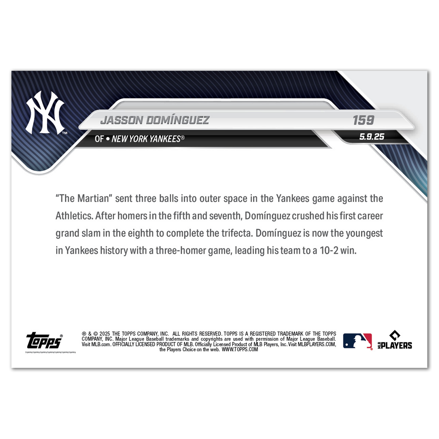 Jasson Domínguez - 2025 MLB Topps NOW® - Card 159 - LOOK FOR AUTOS