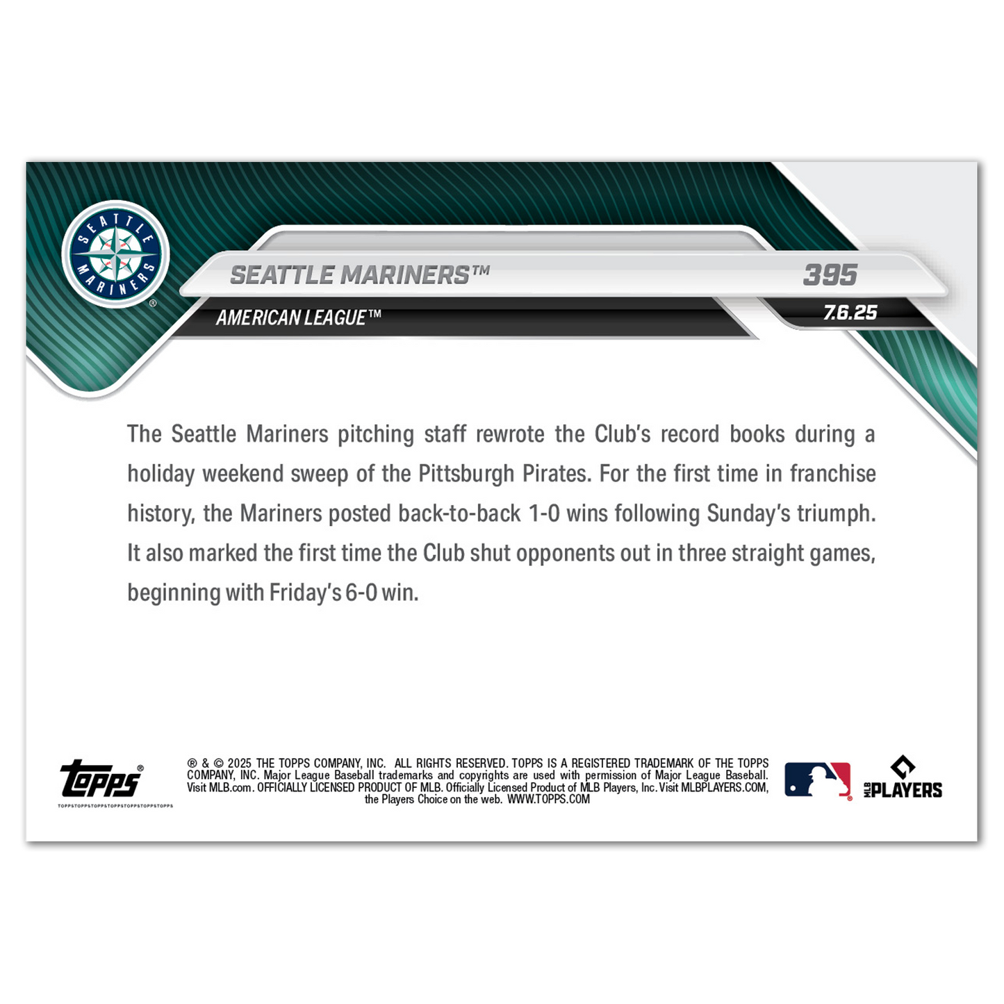 Seattle Mariners - 2025 MLB Topps NOW® - Card 395