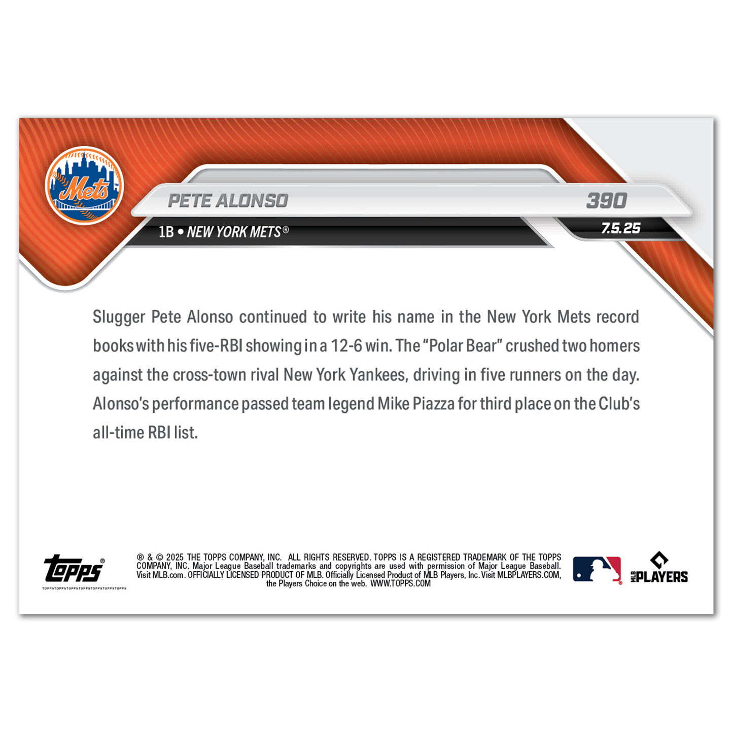 Pete Alonso - 2025 MLB Topps NOW® - Card 390