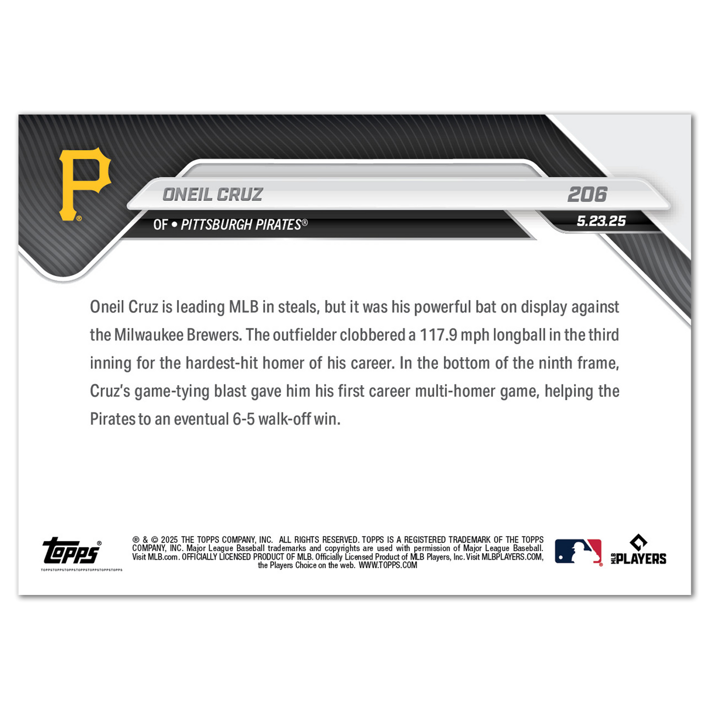 Oneil Cruz - 2025 MLB Topps NOW® - Card 206