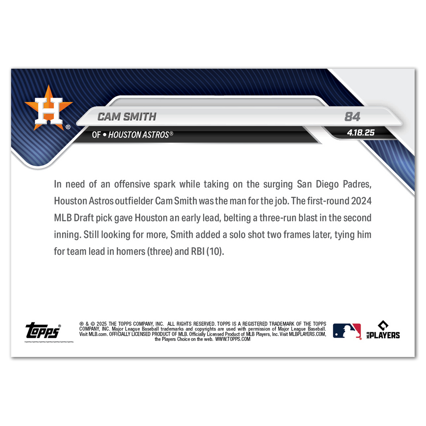 Cam Smith - 2025 MLB Topps NOW® - Card 84