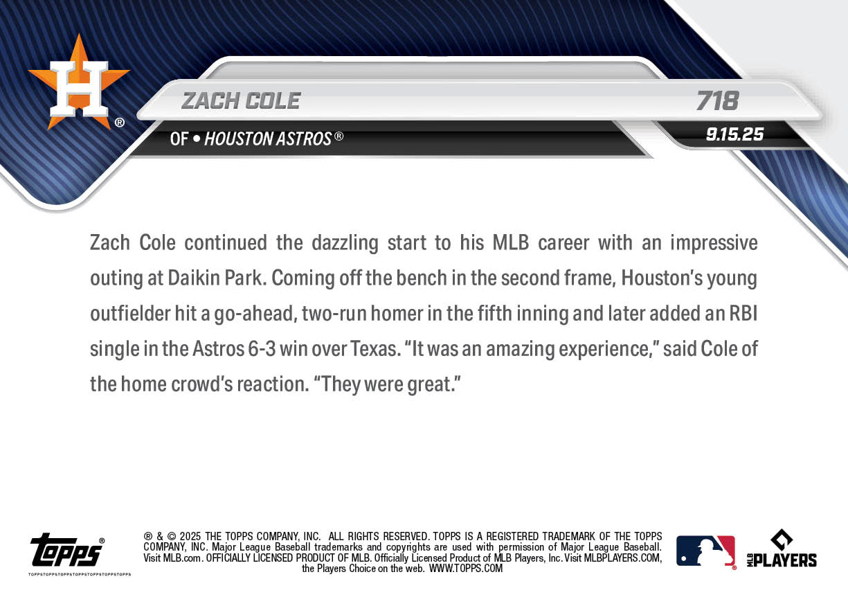 Zach Cole - 2025 MLB Topps NOW® - Card 718