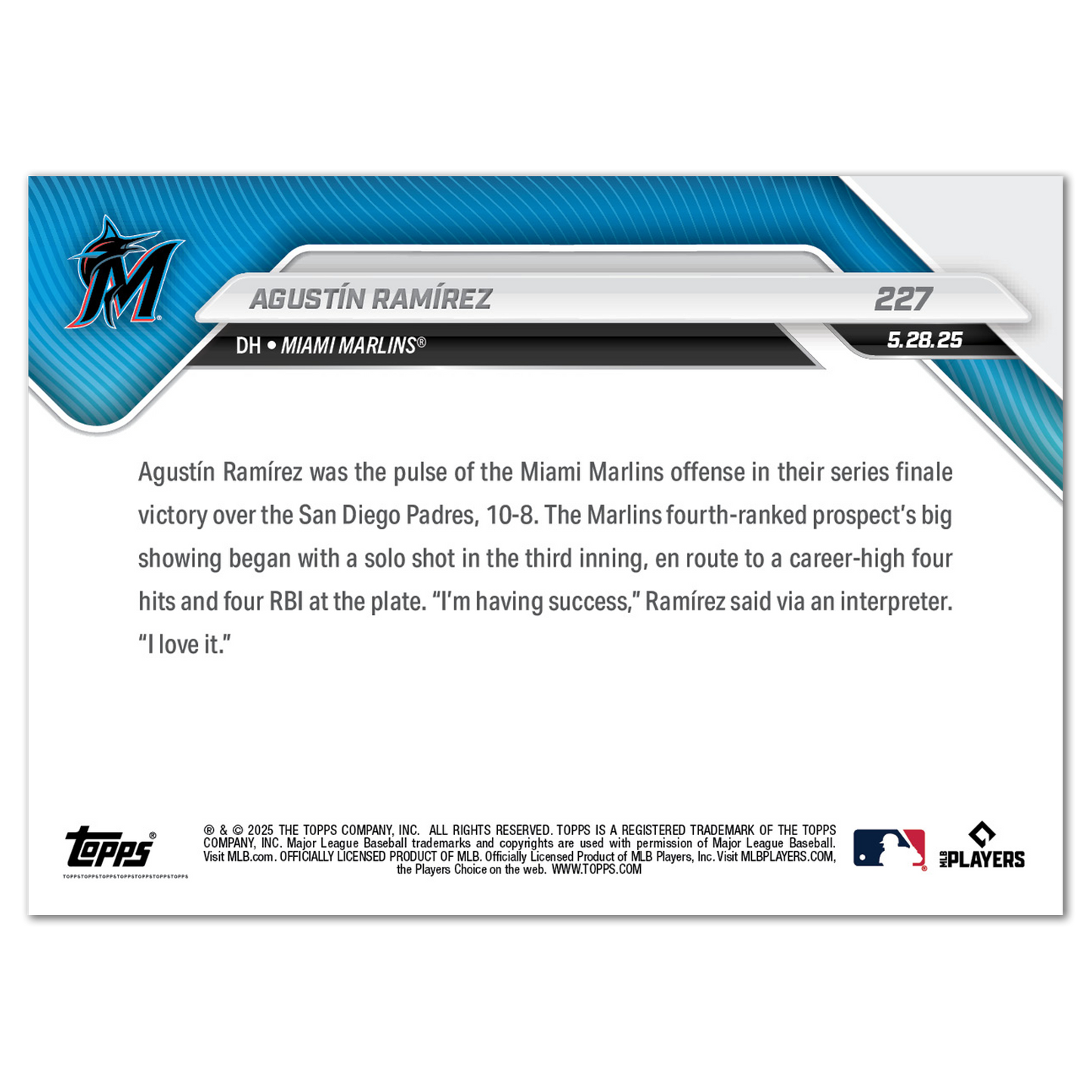 Agustín Ramírez - 2025 MLB Topps NOW® - Card 227
