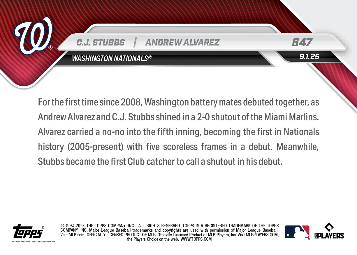 C.J. Stubbs / Andrew Alvarez - 2025 MLB Topps NOW® - Card 647 - LOOK FOR RELICS