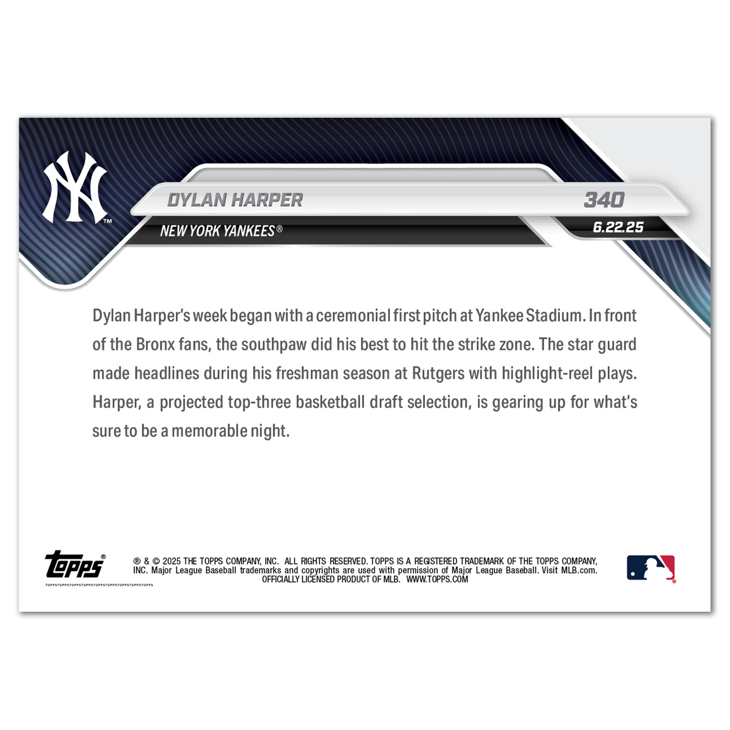 Dylan Harper - 2025 MLB Topps NOW® - Card 340
