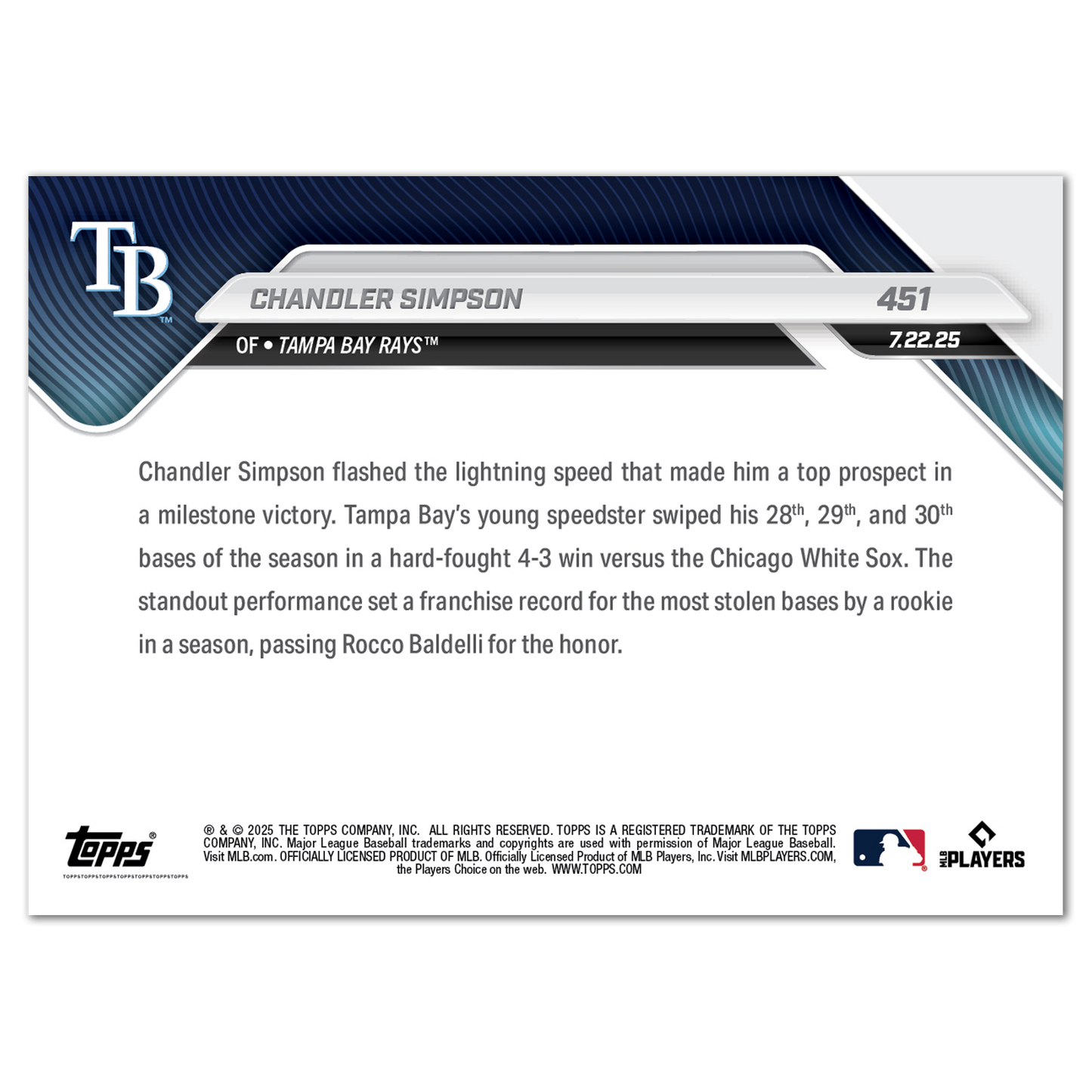 Chandler Simpson - 2025 MLB Topps NOW® - Card 451