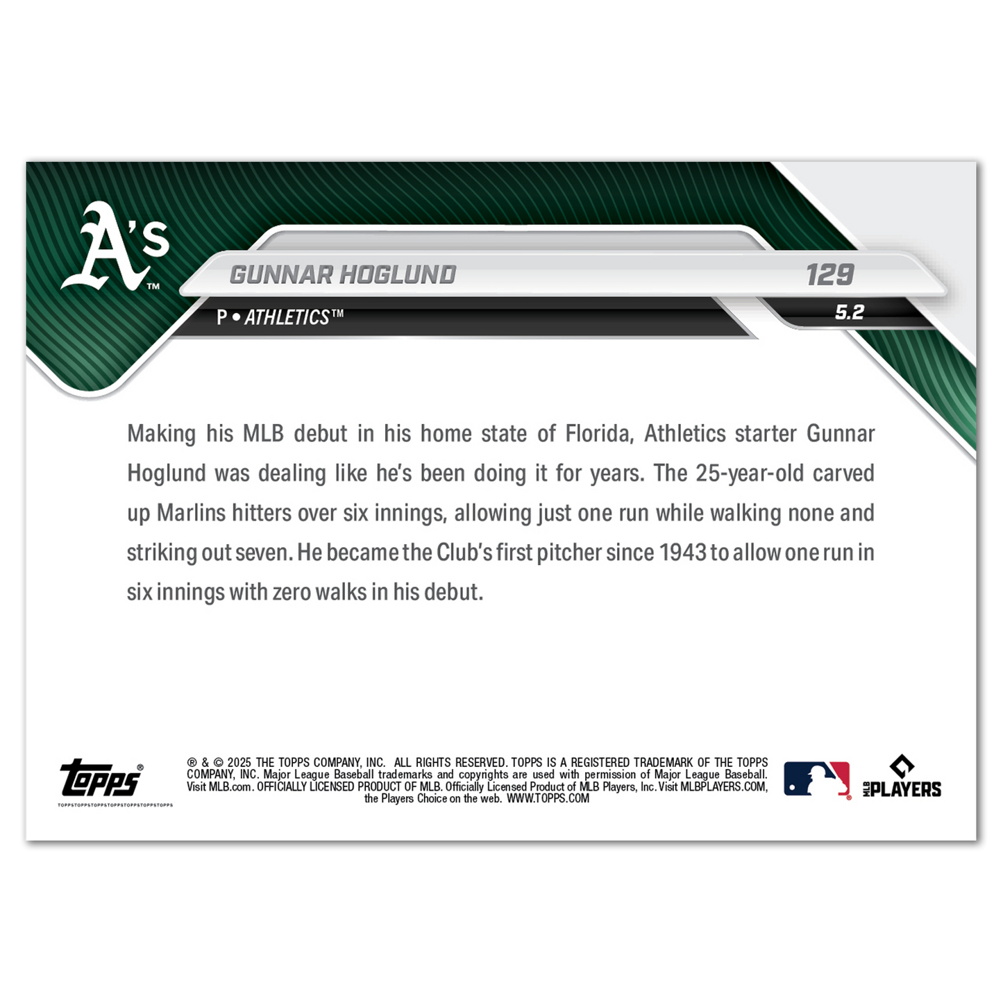 Gunnar Hoglund - 2025 MLB Topps NOW® - Card 129