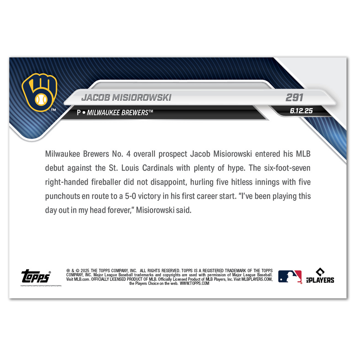 Jacob Misiorowski - 2025 MLB Topps NOW® - Card 291