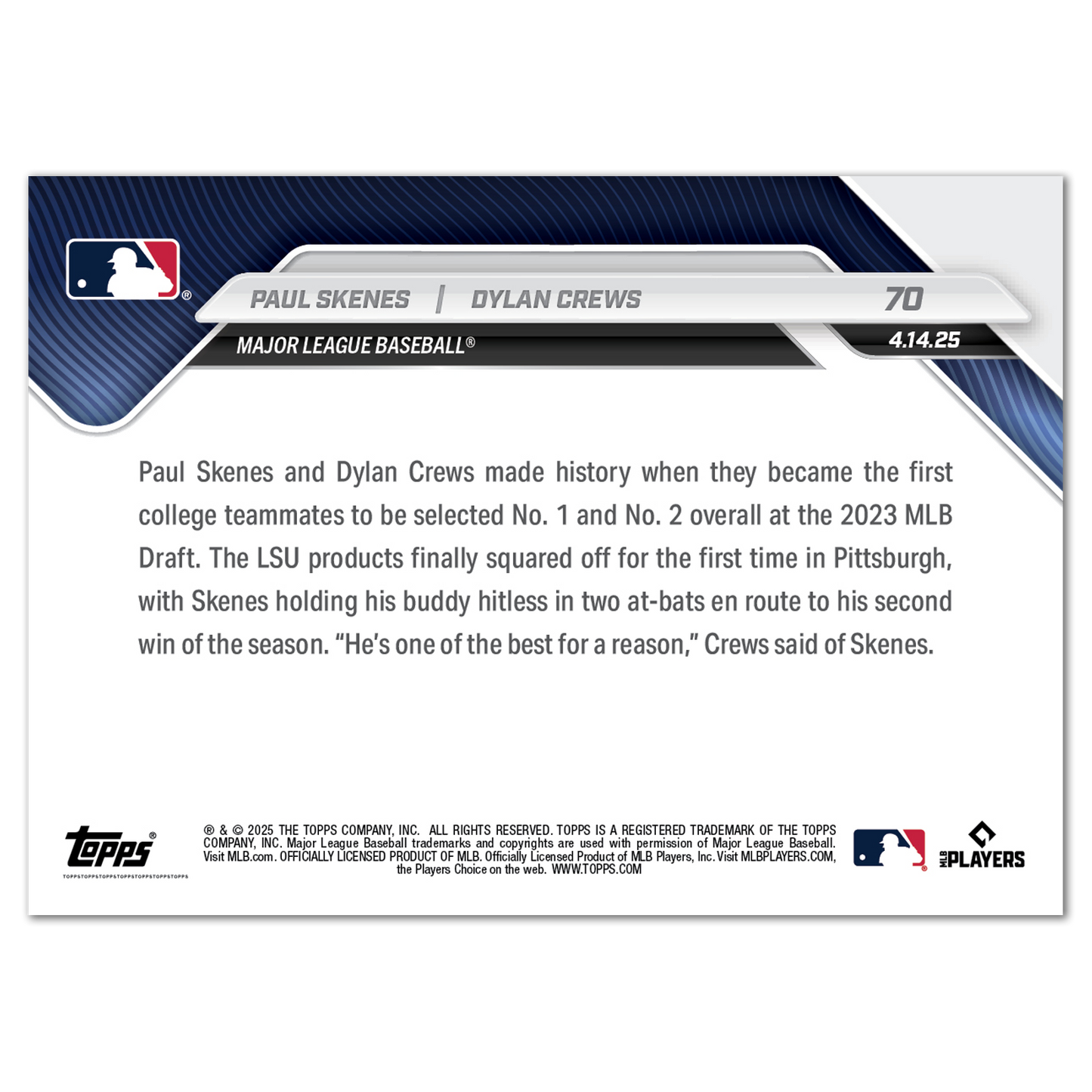 Paul Skenes/Dylan Crews - 2025 MLB Topps NOW® - Card 70